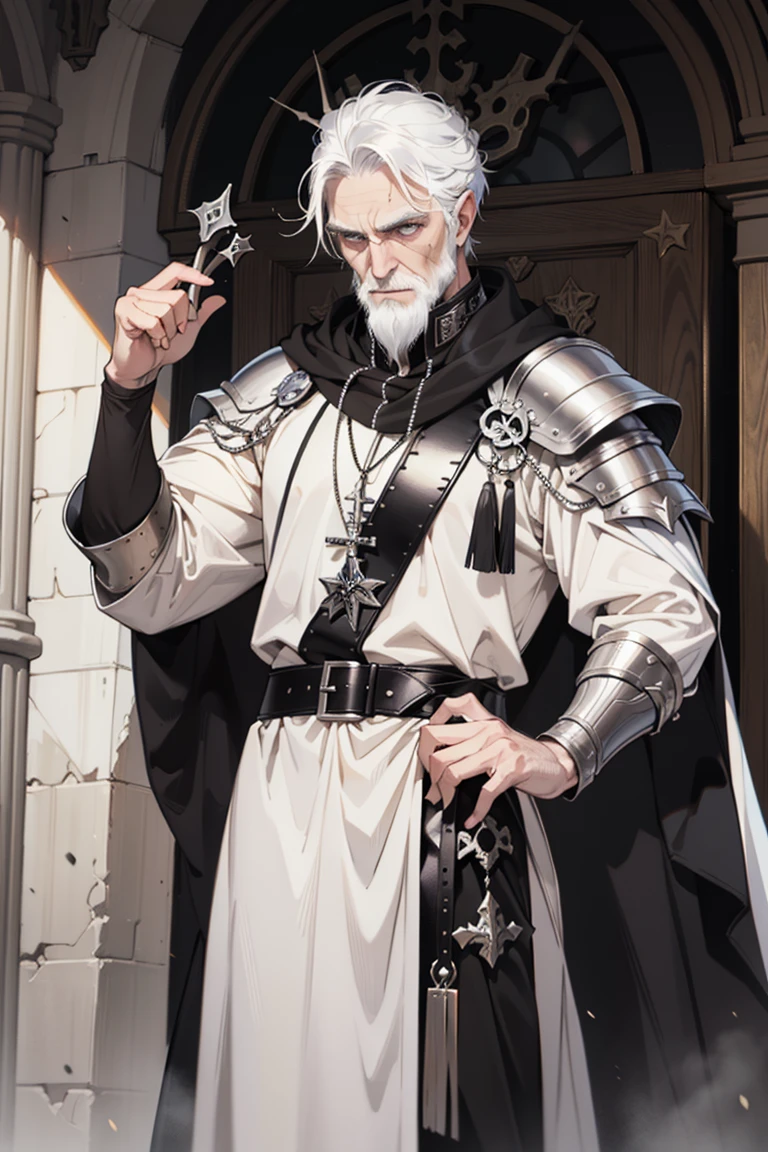 realist, A old man, A Necromancer, Morte, warriors, White hair, barba blanca, Bone crown, black medieval cloak, white medieval armor, trouser, startup
