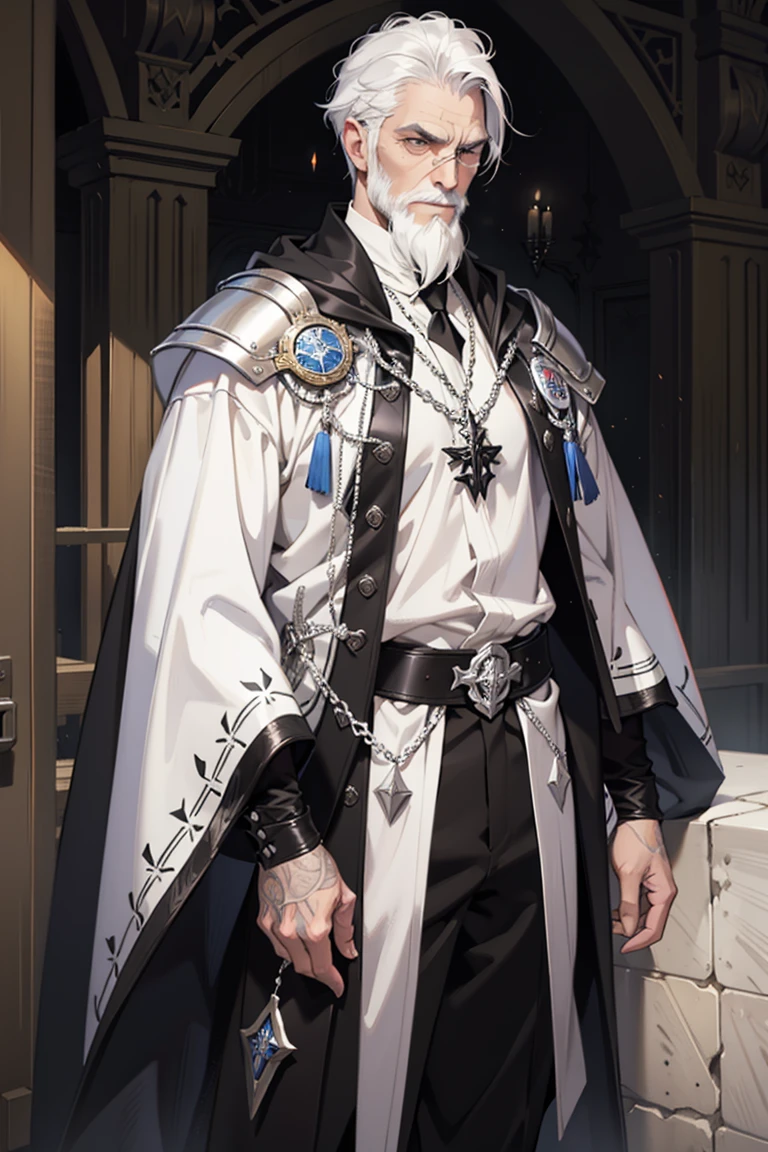realist, A old man, A Necromancer, Morte, warriors, White hair, barba blanca, Bone crown, black medieval cloak, white medieval armor, trouser, startup