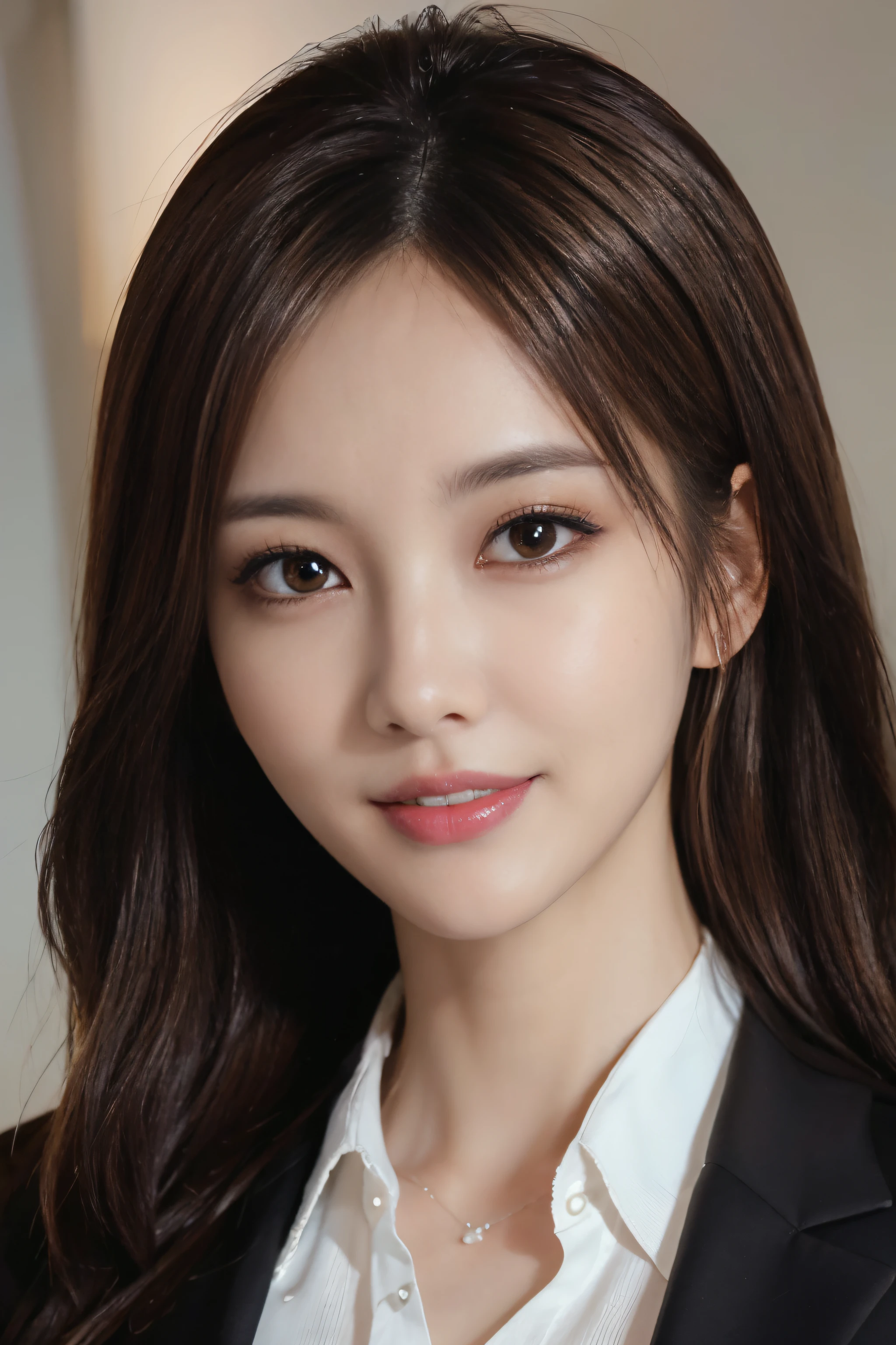 masutepiece, Best Quality, Photorealistic, Ultra-detailed, finely detail, High resolution, 8K Wallpaper, 1 beautiful woman,, light brown messy hair, in a business suit, foco nítido, Perfect dynamic composition, Beautiful detailed eyes, detailed hairs, Detailed realistic skin texture, Smiling, Close-up portrait, Model body type