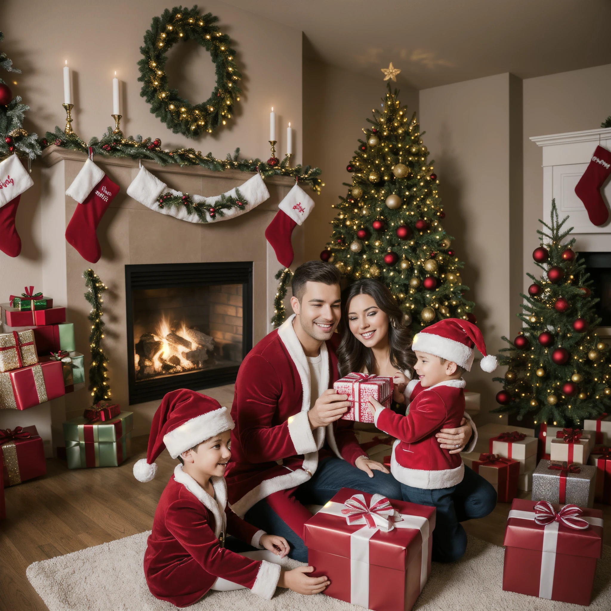 husband gives his beloved wife and son gifts for Christmas, Europeans, Smile, one Christmas tree with gifts, fireplace, Christmas, ((Best Quality)), ((Masterpiece)), (Detailed), a perfect face, foto realista, Ultra-detailed, Realistic, HDR, studio lightning, extreme detail description, Professional, sharp-focus, physical based rendering, Bright bright colors, portrai