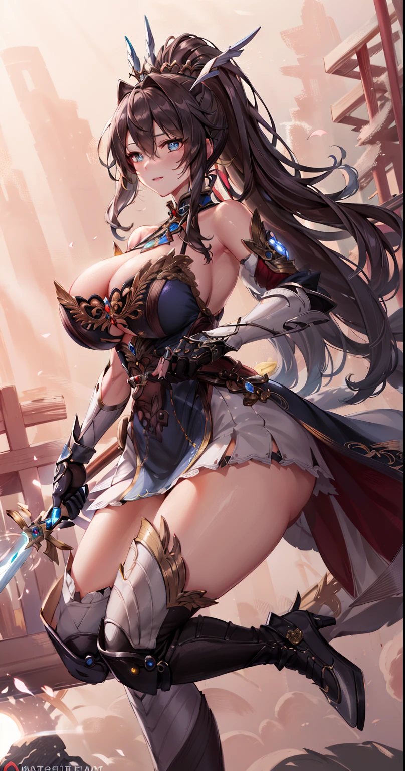 masterwork、best、(realisitic、Female one、soio、beauitful face、Slender face、Beautiful pupils)、(breastsout)、thighs thighs thighs thighs、Long、poneyTail、Milk、reddish、shinobi、ninjartist、Shoulder out、elbow groves、Skirt curtain、Uchiwa、Uchiwa Crown Chakra RPG Character, spiritually enlightened warrior, divine connection, High awareness, vibrant aura, Powerful energy, complex armour, elaborate helmet, radiant crown, Ethereal light, Golden halo, peaceful expression, Calm eyes, a serene smile, Seraphic Wings, Ancient symbols, Mystical wand, Sacred Scrolls, exquisite robe, Transcendent Existence, Celestial Guardian, Mystical powers, embodiment of wisdom, Glowing energy, Graceful movement, symbolic tattoo, radiating rays, harmonious balance, Enigmatic aura, resonance frequency, beyond dimensions, strengthened spirit, Spiritual enlightenment, magic sword, Astral projection, universal connection, Inner peace, Revealed divinity, transformed soul, supreme being, divine essence, Ancient prophecy, infinite possibilities, reveal the mystery, giga_big breasted battle mech，（Blonde girl），(Huge ponytail),Glowing blue eyes，Blue Light Energy Longsword，Galactic，Mechanical and exquisite，（（Blonde Beauty））pubic detail，mech wings，elegent，Blue Mecha，Glowing blue-blue eyes，（Stocking Heels），land，Mechanical and exquisite，pubic detail，mech wings，elegent，The tree々，There are hands and feet，angled，angled，immensity，Wind，hazy，Mecha's eyes glow blue，Blue Mecha，Glowing blue-blue eyes，Holding the sword of delicate light energy，Skysky，Mechanical and exquisite，pubic detail，Huge mech wings，elegent，The tree々，There are hands and feet，angled，angled，immensity，baiyun，hazy，Mecha's eyes glow blue，pubic detail，Winds of the future，sacredness，Cavalier，battlemech，Glowing blue eyes，Blue Delicate Sniper Rifle，Skysky，Mechanical and exquisite，pubic detail，Huge mech wings，elegent，The tree々，There are hands and feet，angled，angled，immensity，baiyun，hazy，Mecha's eyes glow blue，pubic detail，Winds of the future，sacredness，Cavalier，the face is clear，Face wearing mask armor，masterpaintings，best qualtiy，offcial art，the Extremely Detailed CG Unity 8K Wallpapers，brightened light，（light particules，（Illustration）（Farbe）goodlooking，impeccable，（（Graphic Painting）），（Heavier stroke）），（bold lines），Highest image quality，masterpaintings，Filigree，long eyeslashes，（（（silhuette））），Very detailed background，tulips，Banana leaves，lilie，dew，Date palm flowers，Ryu，Light white off-the-shoulder dress，Mottled sunlight，（Close-up of people），（（Super best quality））， （（A very masterpiece））， （（super detailing：1.4））， （（hyper realistic lifelike 3d））， Dragon Warrior Girl， Mechanical body， Dynamic action poses in battle scenes， Mechanical weapons of very complex and heavy fighters， Off-the-shoulder fashion that blends dense and complex steampunk with dense gothic lolita， Complex steampunk headgear， very thin long legs， Mechanical boots above the knee， Fluttering lace flared mini skirt， beautiful big breasts directed upwards，Somewhat long, Vertical curly silver hair fluttering in the wind，Countless shining large sfes