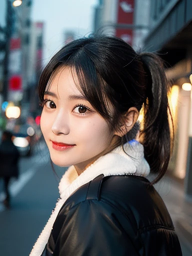 (masterpiece, best quality, photo realistic, official art:1.4), (UHD, 8K quality wallpaper, High resolution, raw photo, film grain:1.2), (shiny skin), professional lighting, physically-based rendering, Award-winning, highly detailed skin, (extremely detailed face and eyes, clear pupils), Carl Zeiss 85 mm F/1.4, depth of field, BREAK, 1girl, solo, kawaii 24-year-old Korean girl, (Nogizaka idol:0.7), (Korean idol:0.9), (glossy straight black hair, high ponytail, forehead:1.3), rounded face, single eyelid, (soft smiling, closed mouth:1.3), (wearing light down jacket:1.3), (skinny jeans, high heels:0.7), (breasts emphasized, well shaped medium breasts:0.8), (looking at viewer), BREAK, at a street in Seoul, winter night, moonlight, (seductive posing, dynamic angle:1.3), upper body shot,