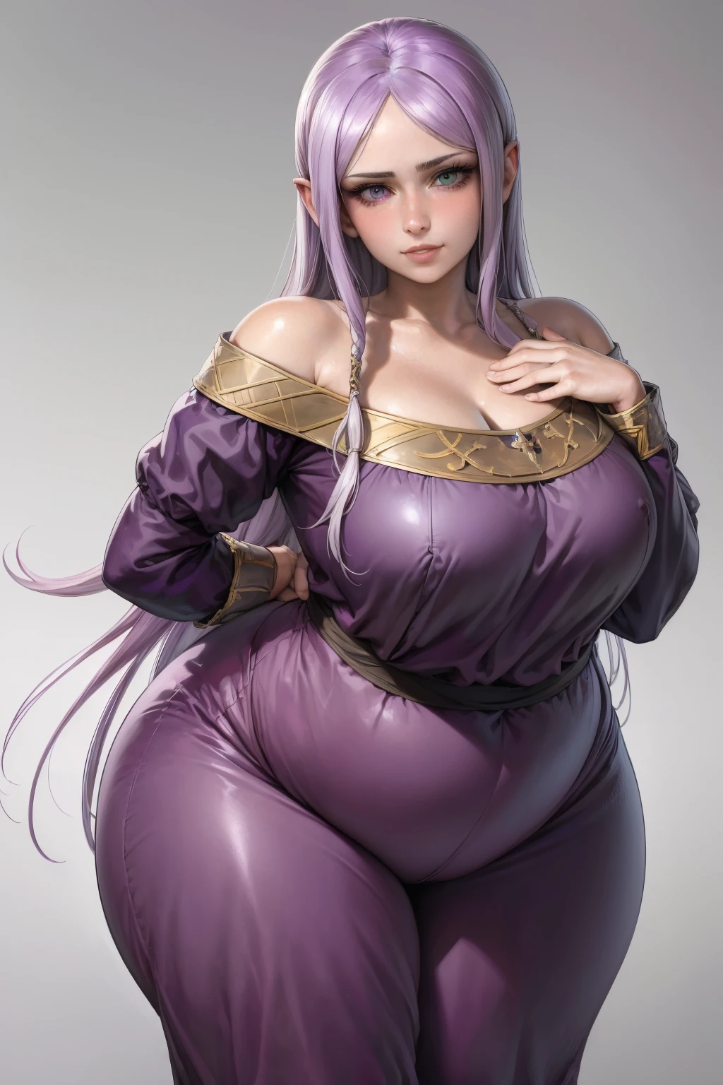 (masterpiece, best quality:1.2), coffeeslice, 1girl, long hair, solo,very long hair, smile, full body, parted lips, (realistic, photo-realistic:1.37), (8k, RAW photo, best quality, masterpiece:1.2), simple background, ultra-detailed, physically-based rendering, kodakvision color, bokeh, sharp focus, (solo:1.4), best quality, extremely detailed face, extremely detailed eyes and face, beautiful detailed eyes, 1girl, def_idunn, white hair, dark purple long dress, collarbone, wide sleeves, long sleeves, purple dress, bare shoulders, absurdres, incredibly absurdres, masterpiece, best quality, realistic, sharp image, simple background, (1girl:1.6), big breasts, topheavy. plump, curvy, chubby, (plump, gigantic_hips:1.2), fat, sciamano240, soft shading, detailed, semi-realistic, thick thighs,