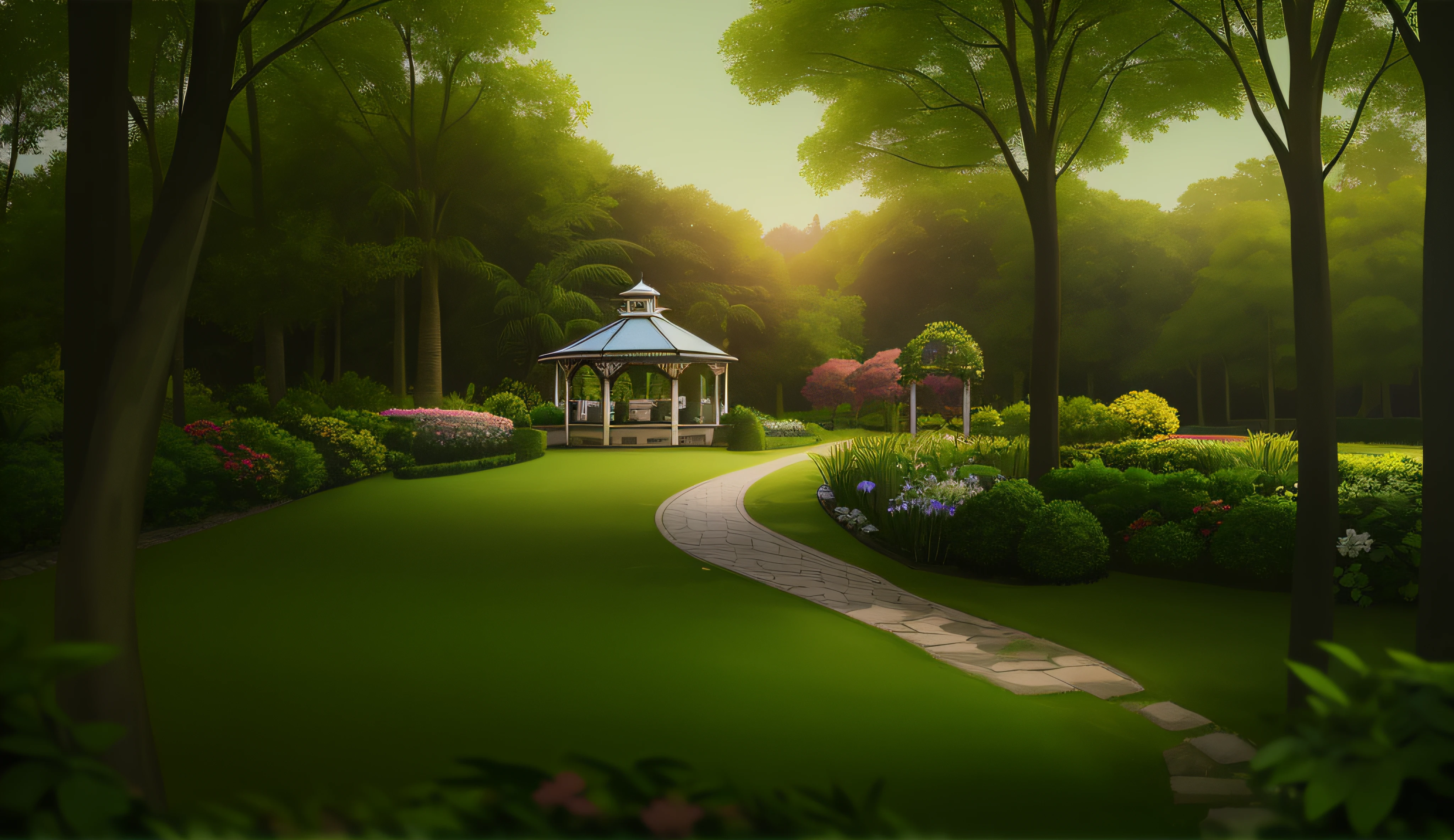 a gazebo in a green park with flowers and trees, Parques e Jardins, pleasant environment, Jardim bonito no fundo, beautiful eden garden, Bom lugar, belo jardim, verde real e luz natural, Gazebos, belos arredores, Ambiente tranquilo, ambiente do jardim, Fundo do jardim real, in a scenic background, paisagem do jardim, Beautiful image, casas e jardins