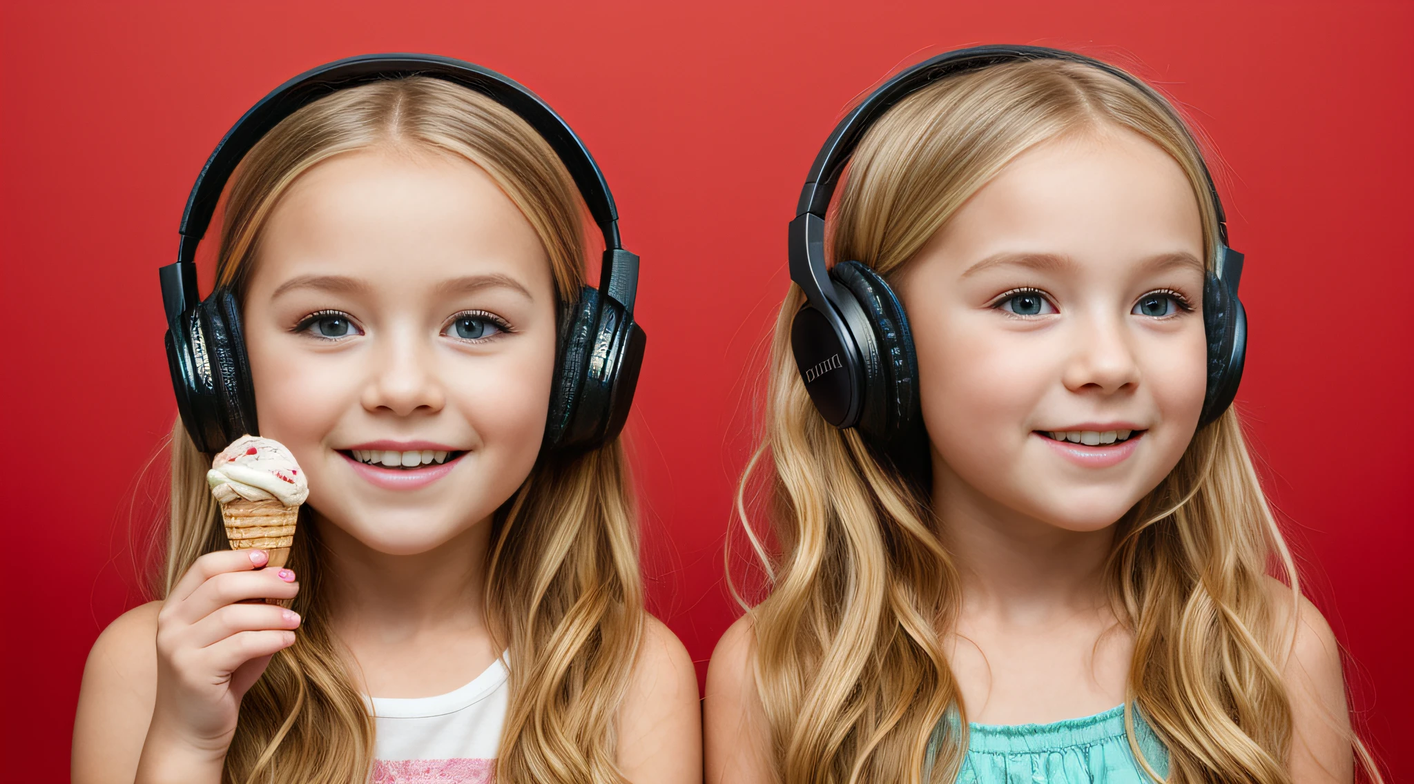 gelado , CHILD GIRL BLONDE LONG HAIR, Headphone, fundo vermelho,