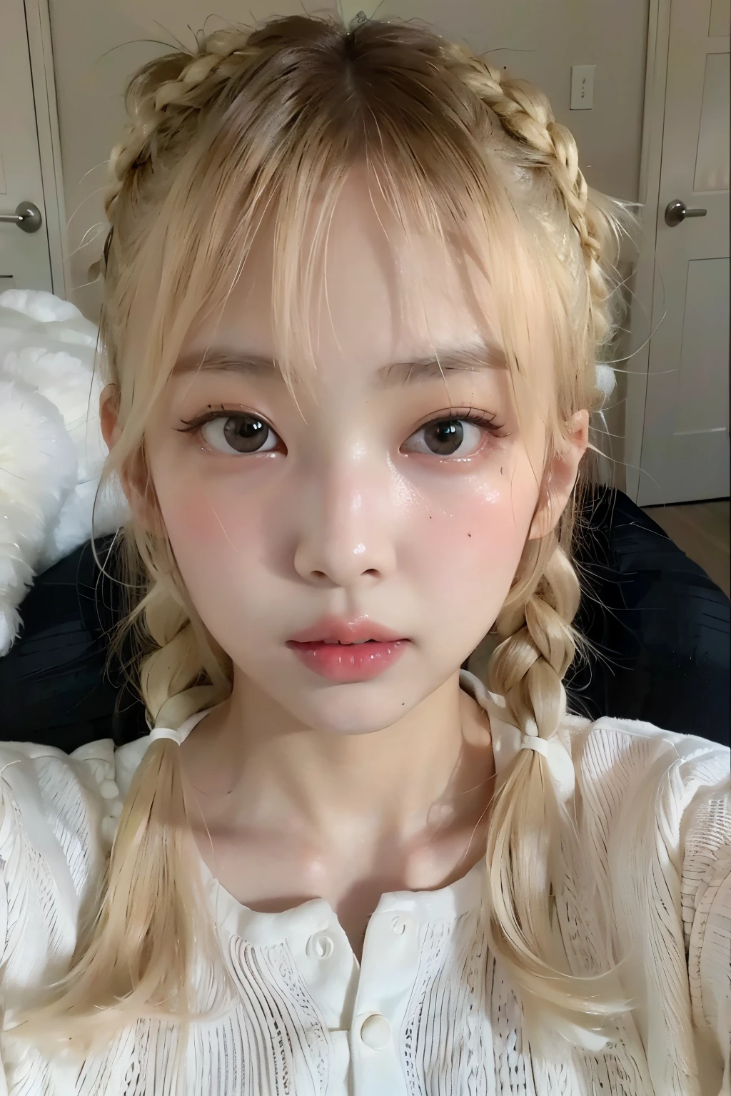 a close up of a woman with a braid in her hair, cute natural anime face, kawaii realistic portrait, wan adorable korean face, young adorable korean face, clear cute face, ulzzang, pale round face, beautiful aesthetic face, soft round face, korean face features, young cute face, soft makeup, soft portrait shot 8 k, girl cute-fine-face