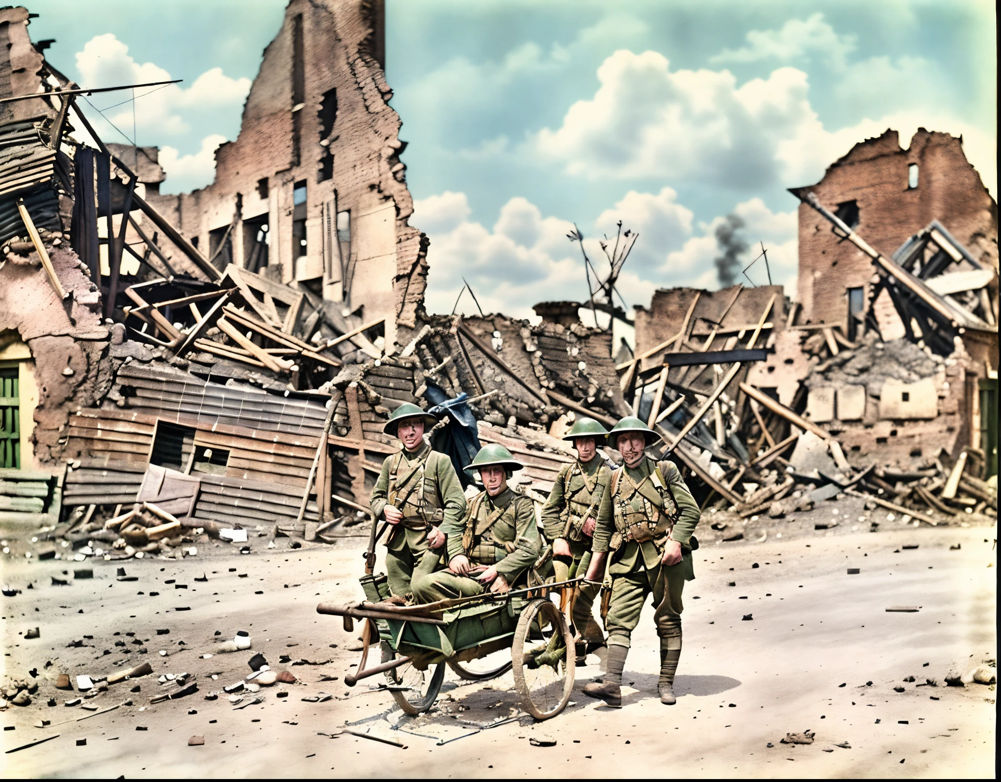 soldiers with a cart in a ruined town with a building in the background, wounded soldiers, ww1 photo, world war one, coloured photo, ww1 film photo, ww 1, ww1, first world war, colorized photograph, colourized, world war 1, taken on a ww 1 camera, colourised, a colorized photo, wwi
