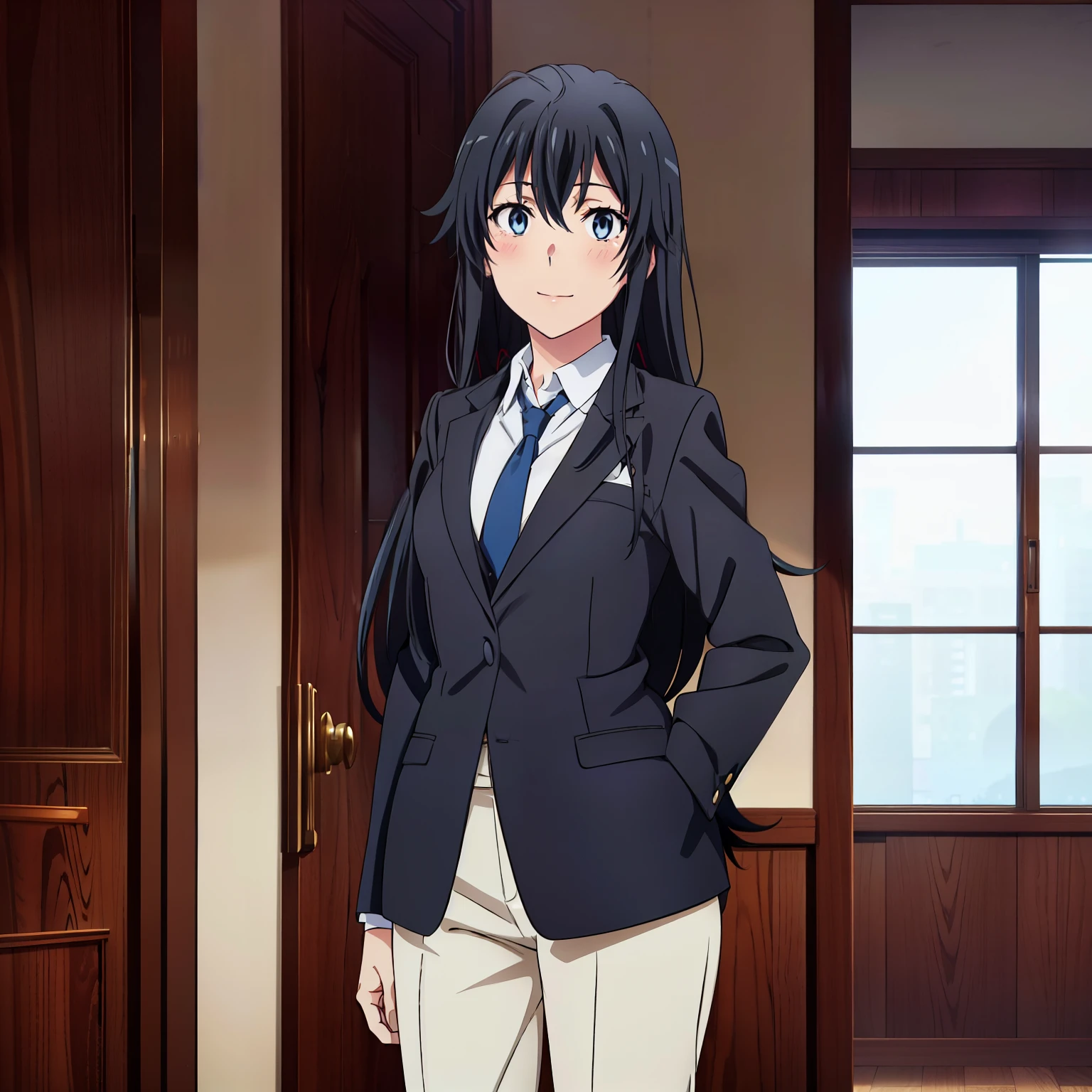 1GIRL , Yukinoshita yukino , Yukinoshita yukino,woman in formal attireactive suit tuxedo tailcoat standing in a large alcove in the room, 1girl, solo, necktie, black hair, blue eyes, long hair, smile, jacket, looking at viewer, shirt, pants, blue necktie, collared shirt, white pants, white shirt, indoors, bangs, long sleeves, closed mouth, window, black jacket, blush, cowboy shot, formal, suit, full sexy body