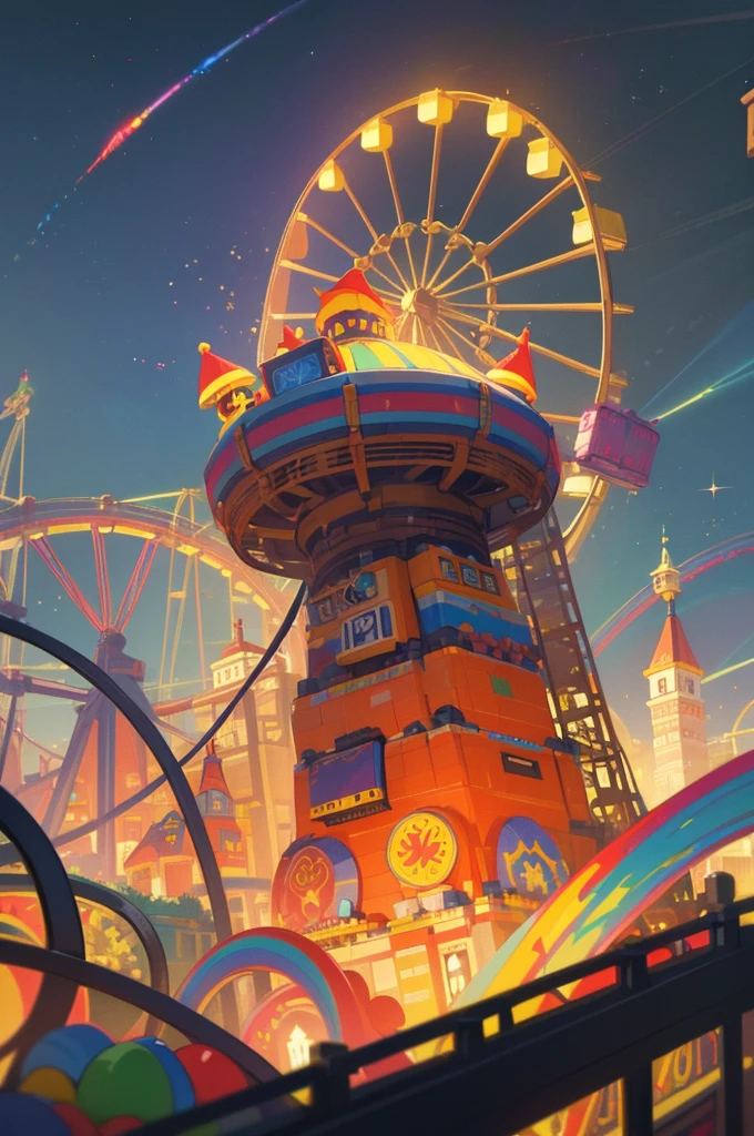 (16k, best quality, masterpiece:1.2),(constructed a gravity free carnival theme park)(out of lego blocks)( the wildest craziest your imagination has ever seen)digital painting, trending on artstation, award winning fantasy art, rides lots of rides, loop the loop, fireworks, explosive fantasy Background, Cosmic Entity