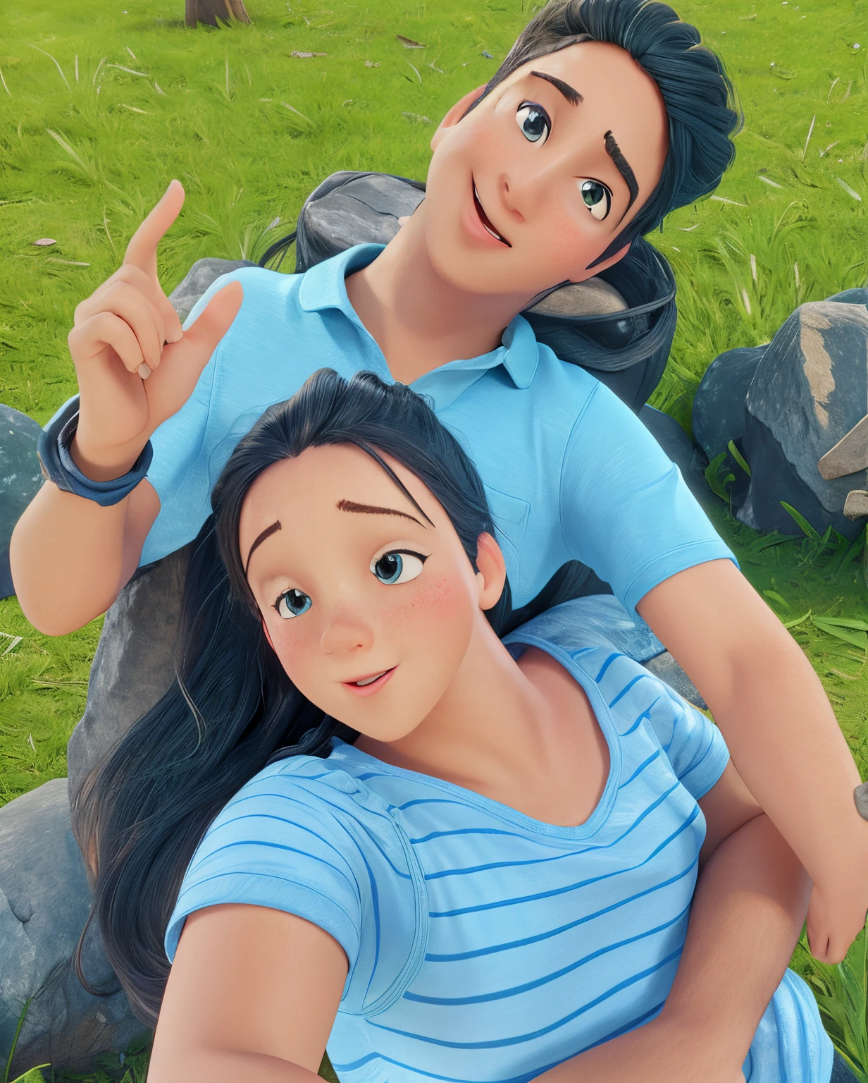 Realistic high quality background 3D , slim face, tongue out two persons look realistic
