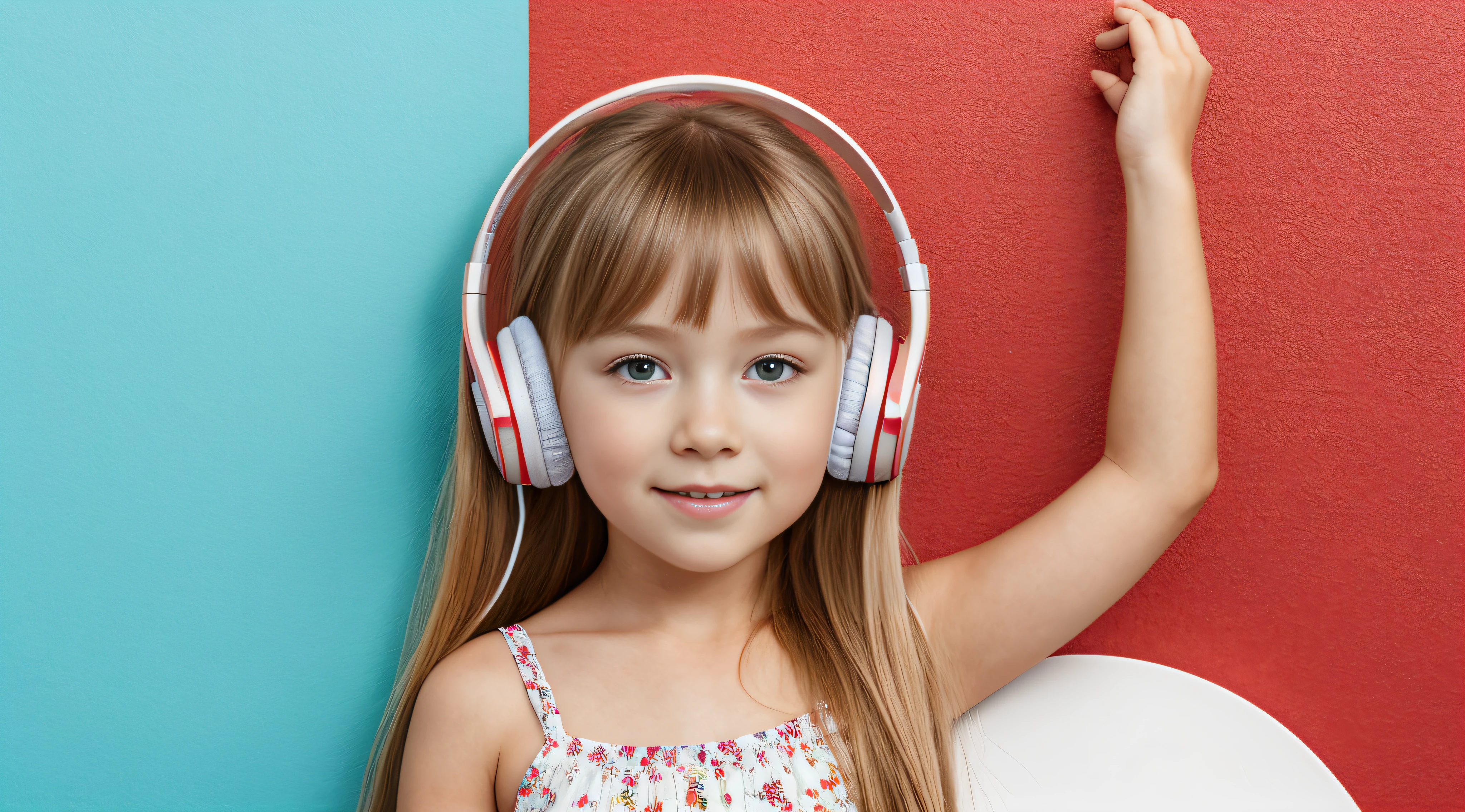 gelo , CHILD GIRL BLONDE LONG HAIR, Headphone, fundo vermelho,