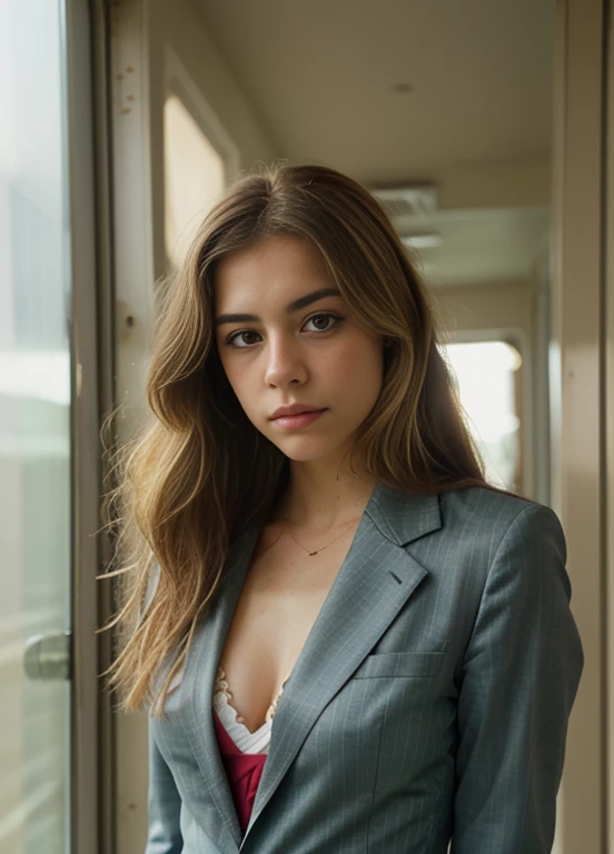 A stunning 1 woman, (straight hair), (blonde hair), dressed in a striped ,intricate color  wearing suit, epic character composition, sharp focus, natural lighting, subsurface scattering, f2, 35mm, film grain, , by William Eggleston