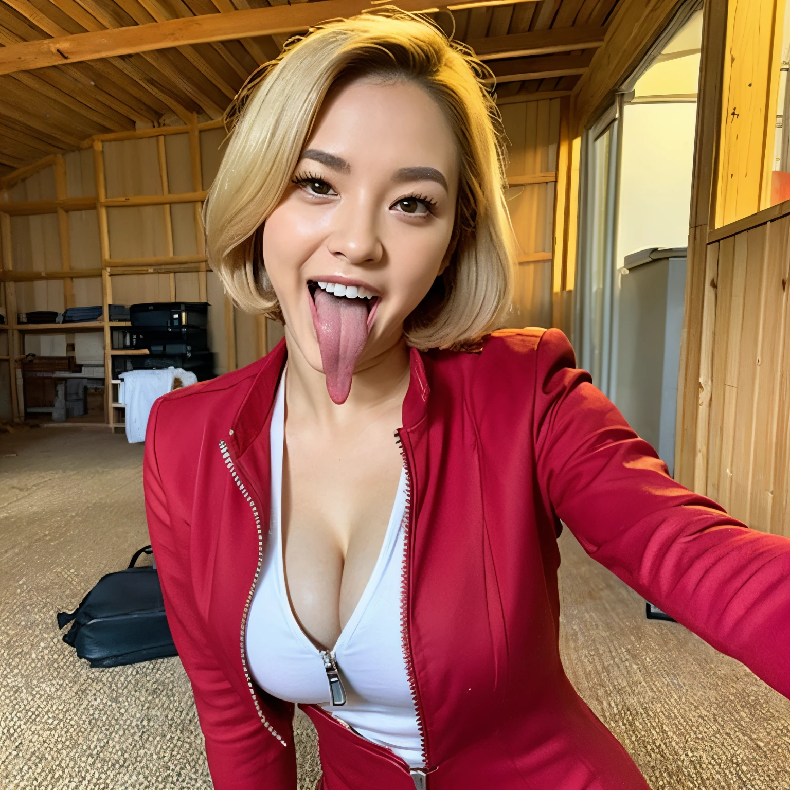 (masutepiece:1.2, Best Quality:1.2), 32K HDR, High resolution, (Solo, 1girl in), Ultra-realistic portrait of a sexy Japanese flight attendant, Super realistic Air Asia stewardess uniform, 23 y-o woman, (Blonde hair, Bob Shorthair, slanted eye), (red jacket with zipper removed:1.1, Unbuttoned white shirt:1.05, Erotic pantyhose:1.1, Perfect slim body:1.1, Colossal tits:1.35, Huge boobs:1.35, Huge breasts:1.35, gigantic cleavage breasts:1.35), Detailed skin texture, Detailed face, Detailed eyes, (Leaning forward posture, toilet, In an abandoned hut:1.1, farms), ((Tongue out, long tongue)),