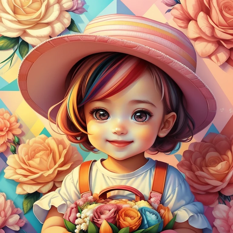 ((|) (cute baby girl with pink hat smiling with a basket of flowers) stylized identical to 1940 |)), acolchoamento ,multidimensional geometric wall PORTRAIT, arte, Chibi,
Yang016K, lindo,(( Predominant red coloration ,rosa e branco))
Primary works, qualidade superior, melhor qualidade, Arte Oficial, Beautiful and Aesthetic,),  Eduardo Kobra acolchoamento ,multidimensional geometric wall PORTRAIT, arte, Chibo,detalhes