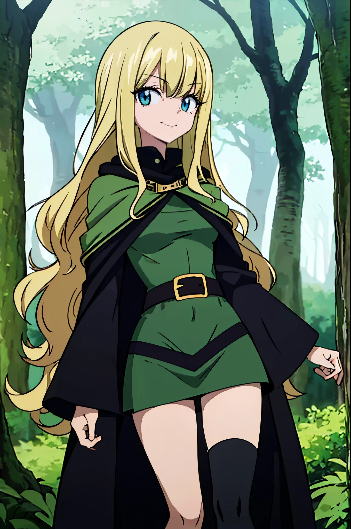 masterpiece,best quality, solo, 1 girl, female figure, (medium smallbreasts), (young female body: 1.4), Fairy Tail anime style, cowboy shot, yellow blonde hair, extra long hair, wavy yellow hair, blunt bangs, hime cut, dark green body suit, short body suit, green cropped bodysuit, green body suit with shorts, long sleeves, black cloak, cape, long cloak over shoulders, adventurer girl, forest background, cropped short bodysuit, dark green body suit with dark green shorts, black long cloak, black cape, knee high socks, thigh high socks, blindfolded, black blindfold, green skirt