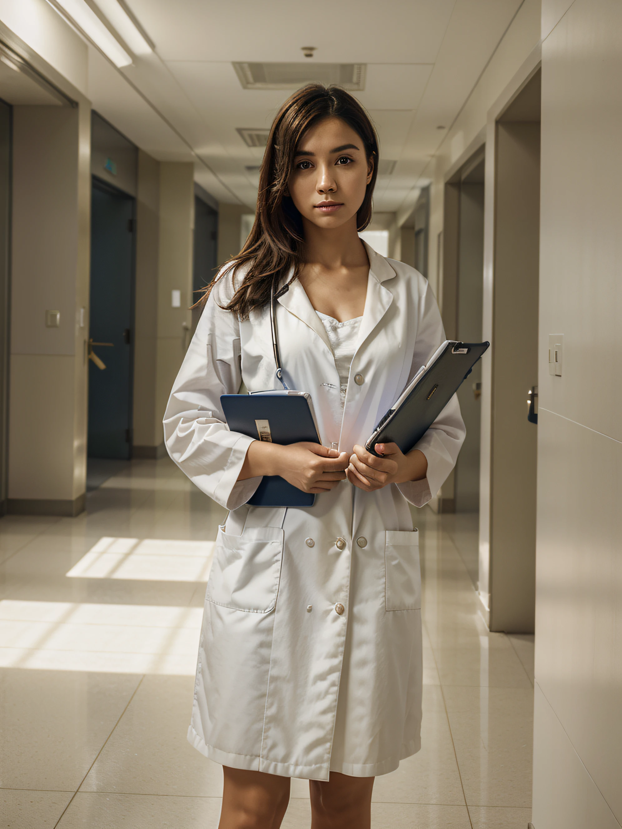 Young female doctor, in a medical gown with documents in hands, stands against the backdrop of a hospital corridor, topquality, high detail, hyper realisitc, Hyperreal photo of, cinematic quality, high detail,