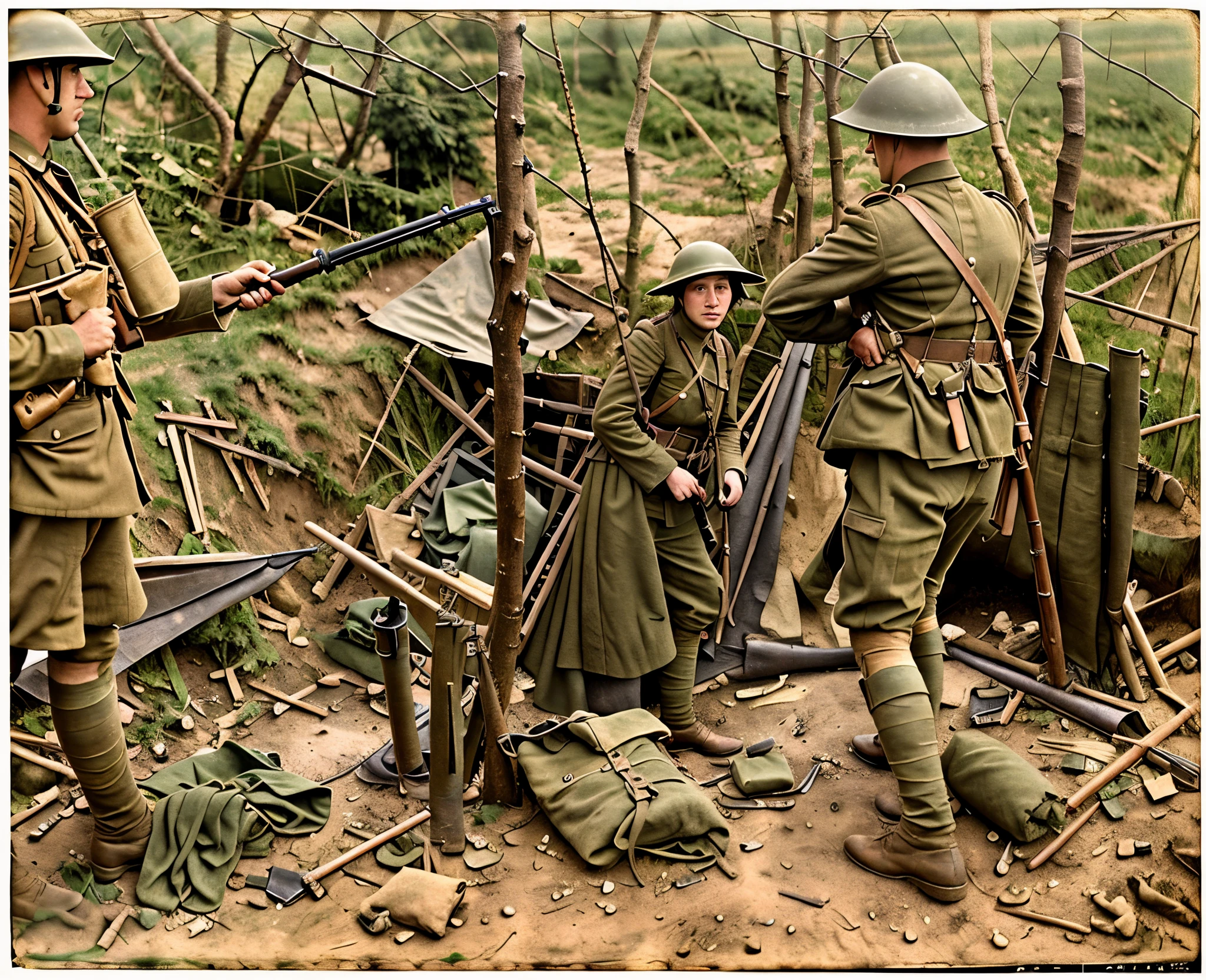 soldiers in uniform standing around a woman in a trench, ww1 film photo, ww1 photo, taken on a ww 1 camera, colourized, fight ww 1, colourised, world war one, ww 1, ww1, ww1 trench, award winning colorized photo, colorized photograph, wwi, first world war, war photo, war photography