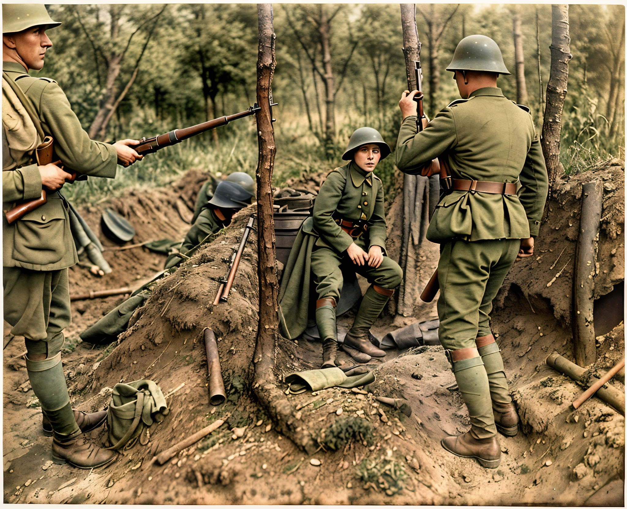 soldiers in uniform standing around a woman in a trench, ww1 film photo, ww1 photo, taken on a ww 1 camera, colourized, fight ww 1, colourised, world war one, ww 1, ww1, ww1 trench, award winning colorized photo, colorized photograph, wwi, first world war, war photo, war photography