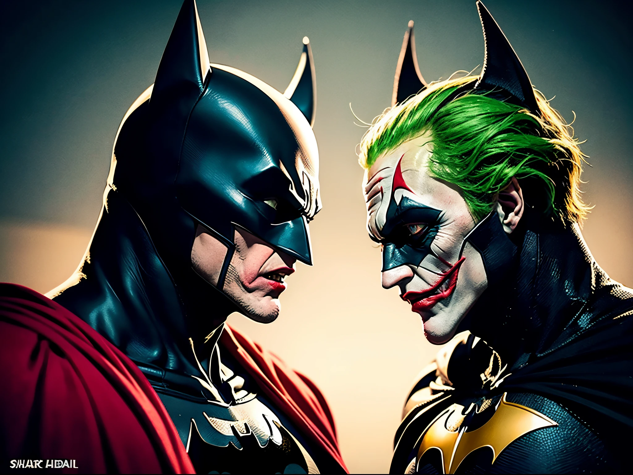 (best quality) A high-quality calendar artwork featuring Batman facing off against the Joker in the iconic Marvel style. The image should capture the intensity of their conflict with dynamic poses, showcasing their distinctive features and personalities. Ensure sharp details, vibrant colors, and a lively composition to meet the standards of a top-tier superhero-themed calendar. The artwork should evoke the essence of the Batman-Joker rivalry, delivering a visually striking and engaging piece for fans.