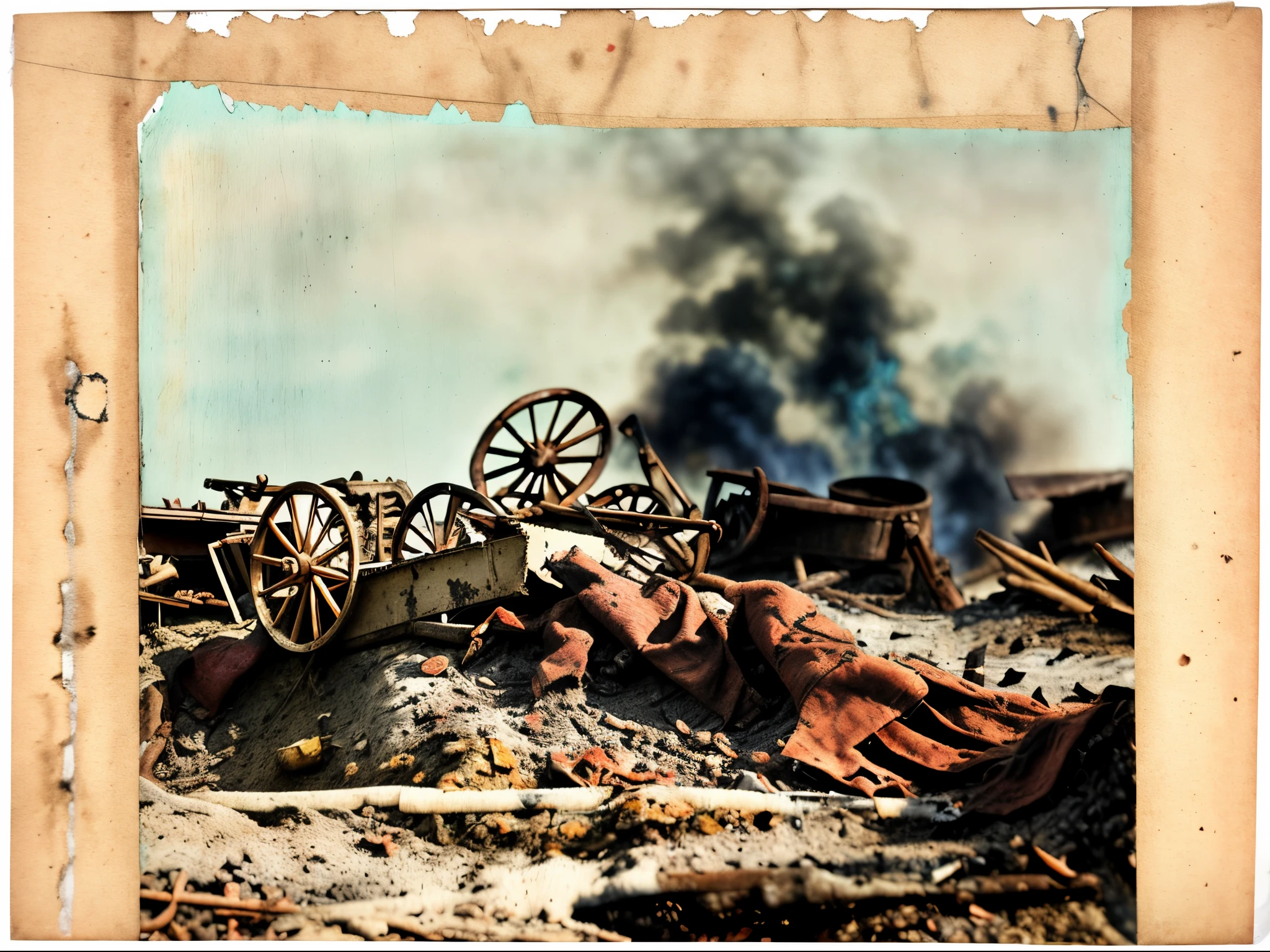 there is a picture of a picture of a fire and a cannon, damaged photo, archival pigment print, war photograph, war photo, dusty old ferrotype, battlefield scene, aftermath of a huge battle, collodion photograph, photo of war, 1 8 4 0 s, expired burned film from 1930s, 1840s, by Samuel Birmann