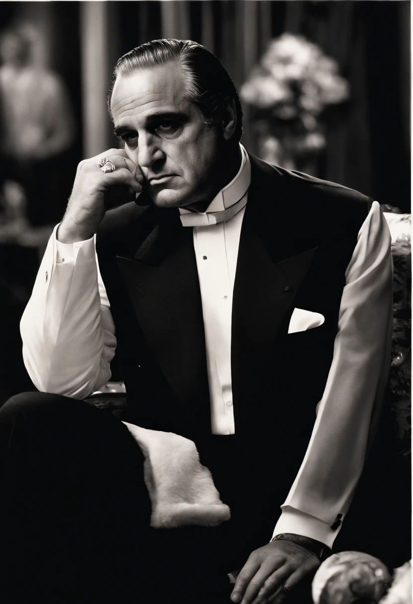 A black and white photo of Don Vito Corleone playing a game of poker with other mob bosses,The Godfather,Don Vito Corleone has a distinctive and memorable appearance that adds to his powerful presence.
1. Bald Head: Don Vito Corleone is depicted as having a bald head, which is often seen as a symbol of his wisdom and authority. His smooth and clean-shaven scalp enhances his commanding presence and gives him a distinctive physical trait.
2. Strong Facial Features: Don Vito Corleone has a strong and expressive face. He is often portrayed with a prominent jawline and high cheekbones, which contribute to his rugged and formidable appearance. His face carries a sense of gravitas and intensity, reflecting the weight of his responsibilities and the power he wields.
3. Piercing Eyes: One of the most striking features of Don Vito Corleone's look is his piercing gaze. His eyes are often depicted as dark and intense, capable of conveying a range of emotions from kindness to sternness. They reflect his sharp intellect and ability to see through people and situations.
4. Distinguished Aging: Don Vito Corleone is typically shown as an older man, and his aging features add to his aura of wisdom and experience. He may have wrinkles and lines on his face, indicating the passage of time and the hardships he has endured. These signs of aging also serve as a visual testament to his resilience and strength.
5. Formal Attire: Don Vito Corleone is known for his impeccable sense of style and typically dresses in elegant and formal attire. He often wears well-tailored suits, often in dark colors like black or charcoal gray. His clothing reflects his status as a powerful and respected figure, exuding an air of sophistication and respectability.
6. Accessories: Don Vito Corleone is often seen wearing accessories that further enhance his character. He may wear a fedora hat, which adds a touch of classic charm and authority to his look. Additionally, he might have a signature ring, such as the iconic Don's ring, which symbolizes his position of power within the Corleone family.
Overall, Don Vito Corleone's look combines strength, elegance, and a sense of timeless style. His physical appearance serves as a visual representation of his character, reflecting his power, wisdom, and status as the formidable leader of the Corleone crime family.
7. Broad Shoulders and Sturdy Build: Don Vito Corleone is often depicted as having a robust and solid physique. He has broad shoulders and a sturdy build, which adds to his imposing presence and physical strength. This physical stature further emphasizes his role as a dominant figure within his criminal empire.
8. Facial Expressions: Don Vito Corleone's face is known for its ability to convey a range of emotions and nuances. He can exhibit a calm and collected expression, exuding an air of authority and control. At the same time, his face can transform to reflect his anger, disappointment, or tenderness, making his emotions palpable and adding depth to his character.
9. Graying Hair: In many portrayals, Don Vito Corleone has graying or salt-and-pepper hair, which signifies his age and experience. The touch of gray in his hair adds to his distinguished appearance, suggesting wisdom and maturity. It serves as a visual cue for his years of being a respected and influential figure within his community.
10. Scar: In some depictions, Don Vito Corleone may have a visible scar on his cheek or jawline. The scar serves as a reminder of the dangers and conflicts he has faced throughout his life. It hints at his past struggles and the violence that permeates his world, further emphasizing the complexity of his character.
11. Stoic Expression: Don Vito Corleone often maintains a stoic expression, revealing little of his inner thoughts or emotions. This reserved demeanor adds to his air of mystery and unpredictability. It also reflects his ability to keep a calm and composed exterior even in the face of challenging situations, further enhancing his image as a master strategist.
12. Body Language: Don Vito Corleone's body language is often measured and deliberate. He moves with purpose and confidence, commanding attention wherever he goes. His gestures and postures exude a sense of authority, reinforcing his position as a leader and someone to be respected.
These additional details about Don Vito Corleone's look contribute to his iconic and memorable appearance. The combination of his physical features, attire, and body language helps establish him as a formidable and enigmatic figure in the world of "The Godfather.", male