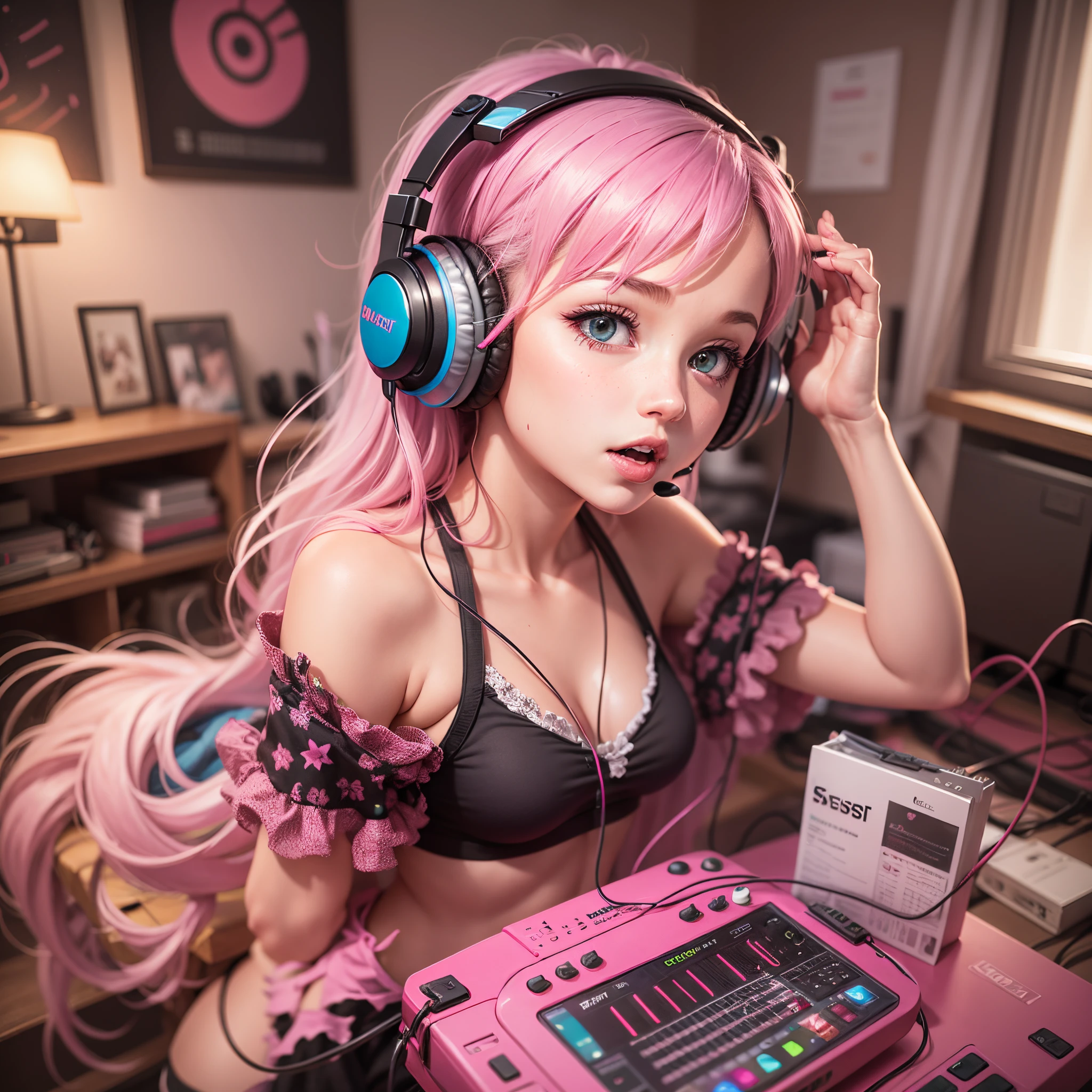 girl listem to music dancing with headphones on pink badroom --auto --s2