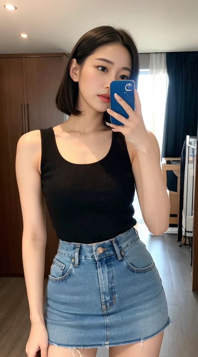 (Best quality at best, 8K, 32K, tmasterpiece, hyper HD:1.3),Korean beauty photos, 1 girl, (long slim figure, perfect body figure :1.2), Medium and short hair: 1.1, (denim skirt), (indoor, natta :1.2), Hold the phone cover, The face is very detailed, Fingers are super delicate, detailed lips, A detailed eye, 二重まぶた