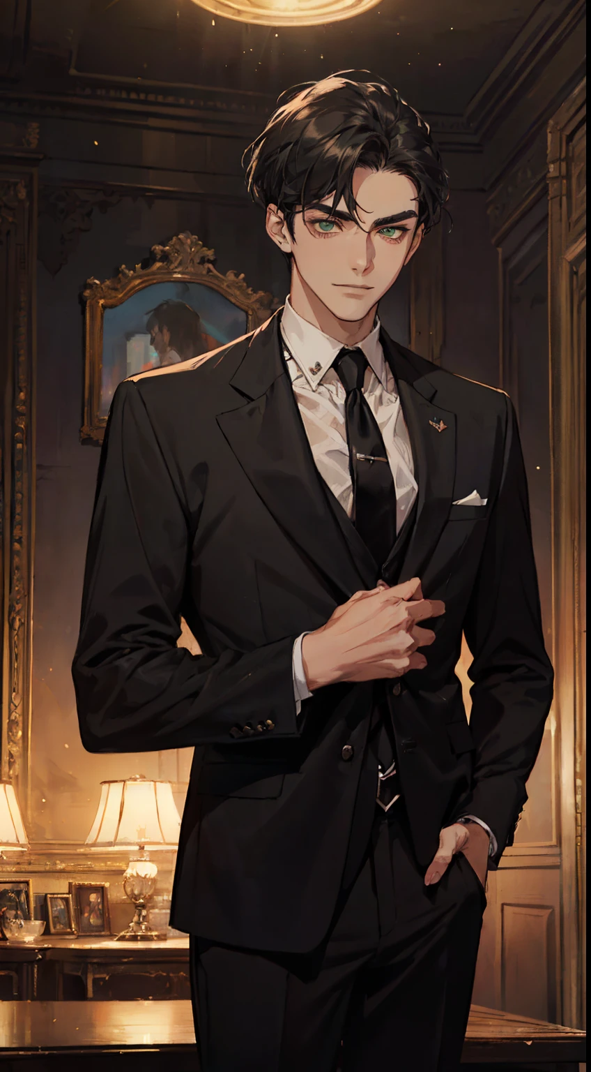 ((One young man with a black suit and tie)), alejandro, (((one side swept dark short neat hair))), ( green eyes and thick eyebrows), ((20 years old)), ((masterpiece)), ((cinematic lighting)), relax look and smirk, waiting for someone