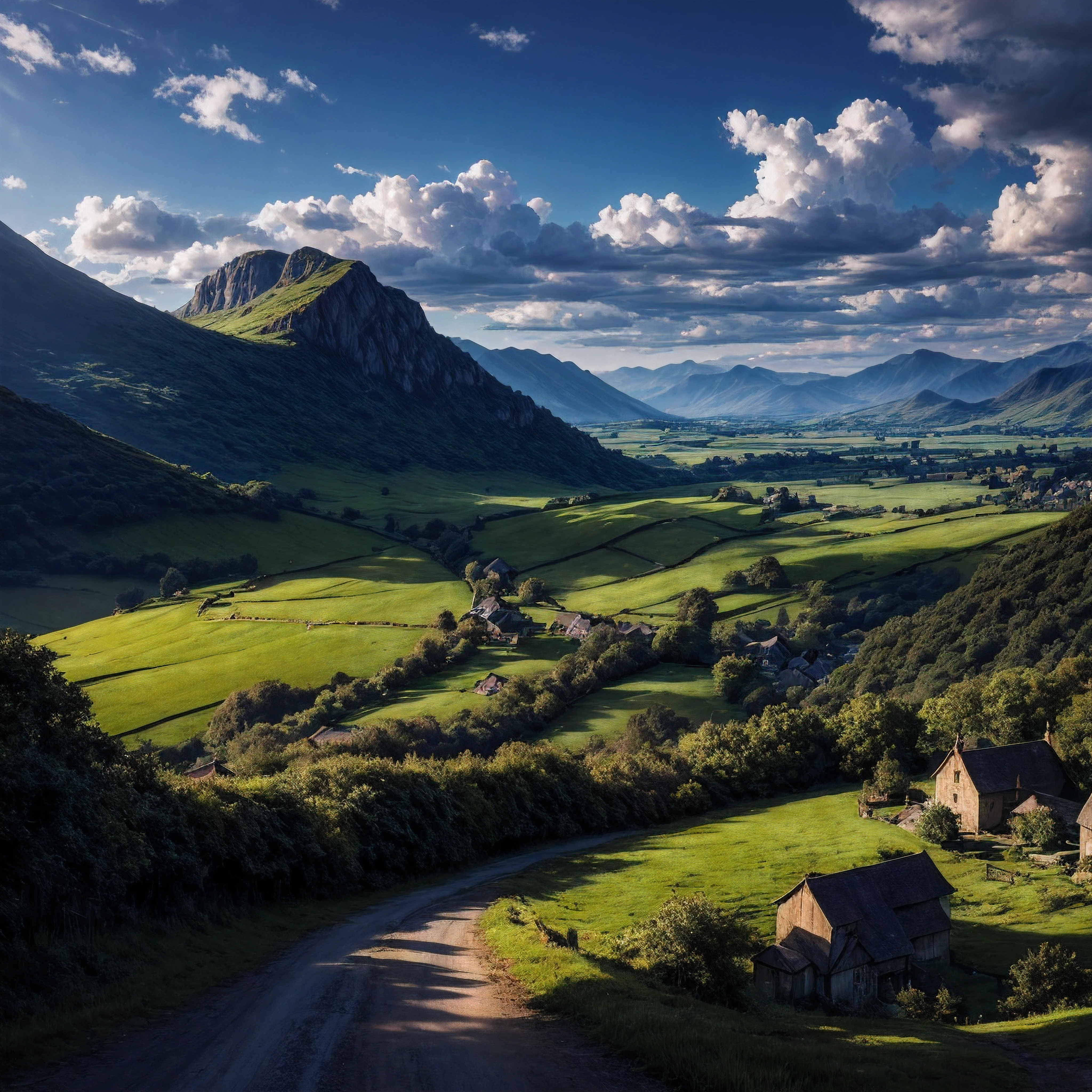 We gaze upon a lush countryside, painted in nature's splendid hues of emerald, jade, and humming forest green. Rolling hills stretch out before us, dappled in places with the drifting shadows of solitary clouds passing overhead in a bright azure sky. Contrasting strokes of yellow goldenrod and flaxen wheat ripple across the landscape—the bounty of summer ready to be harvested. In the valley below sits a charming Tudor village, the dark criss-cross timber framing of its cottages lending depth and balance to the overall composition. Their steeply pitched thatched roofs seem to echo the shapes of the distant mountains in lighter shades of straw and dun. Eyecatching highlights of sunlight glint off leaded glass windows, as spirals of hearthsmoke gently rise to blend all the elements together into this living, breathing scene. At the crest of a nearby hill outlined in forest green and russet brown, proud ancient oaks frame the delicate grey stone bell tower of the village church, where the faint echoes of hymns being sung within can almost be heard drifting on the breeze. Just along the path, two strong oxen cast deep earthy shadows on the pale dusty road as they pull a hay laden wagon towards the barn, the indentation of years of wagon wheels furrowing the landscape. Sheep graze calmly in the mid-ground upon a patchwork quilt of various fields lined by low stone walls, while in the distance we glimpse a regal manor house surfacing through the trees. Though still far off, we can discern the glint of lead-lined mullioned windows, fine brick chimneys, and even a fountain before the front portico hinting at prosperity yet balancing simplicity. Overall, a profound sense of community, connection, order and beauty permeates this idyllic countryside landscape. But there are greater inscrutable depths to be explored here through courage, questing curiosity, faithfulness and imagination...where are our eyes drawn next across this living canvas reflecting light and the human soul?