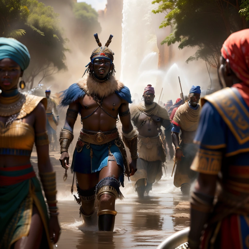 A group of Africa warriors spraying water on themselves from a large pot 8k, realistic,