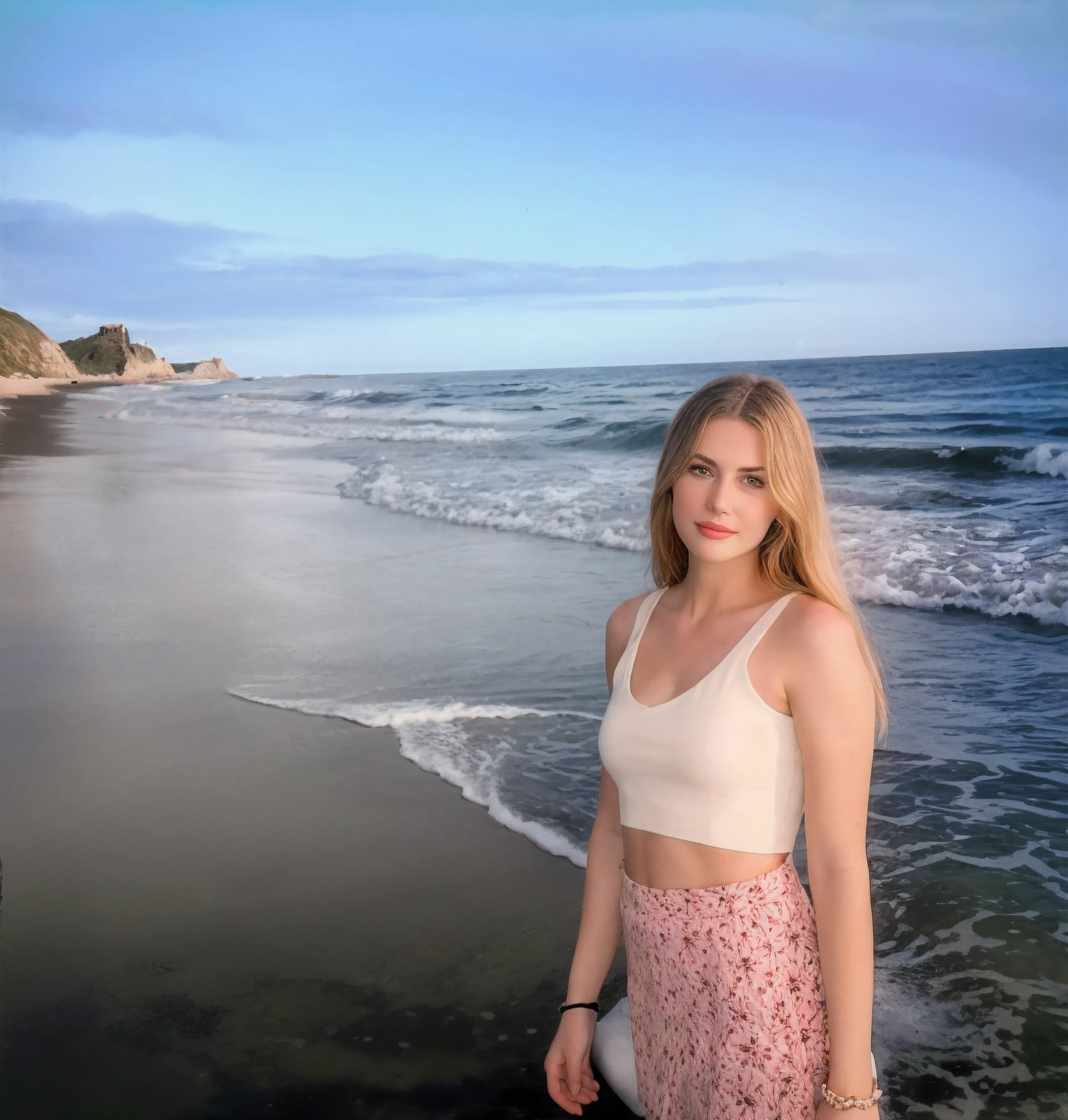 There's a woman standing on the beach, cabelo loiro esticado por muito tempo, olhos verdes, tampo branco, saia rosa com pequenos desenhos de flores vermelhas e pretas, tem uma pulseira preta no pulso, blue skies, blue sea water with waves , ao fundo algumas colinas de terra