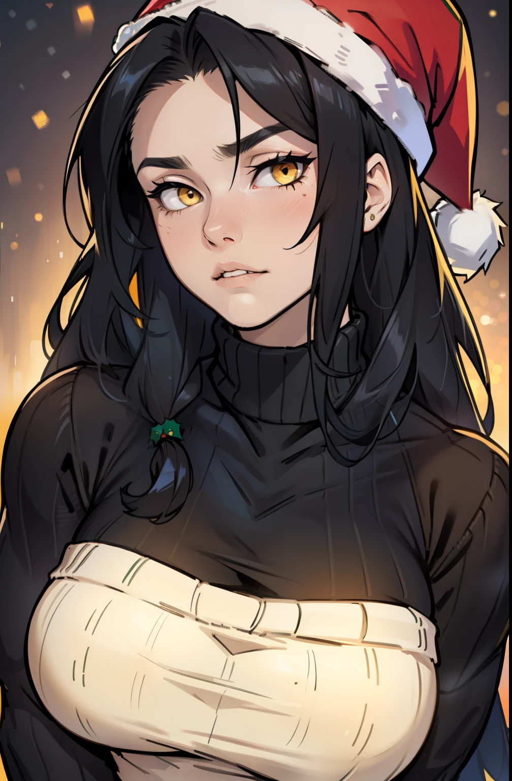 grey background, solo, (((1 girl))), very long hair, black hair, angry, yellow eyes, ((muscular)), huge tits, pale skin, slick hair, (christmas sweater) close up santa hat