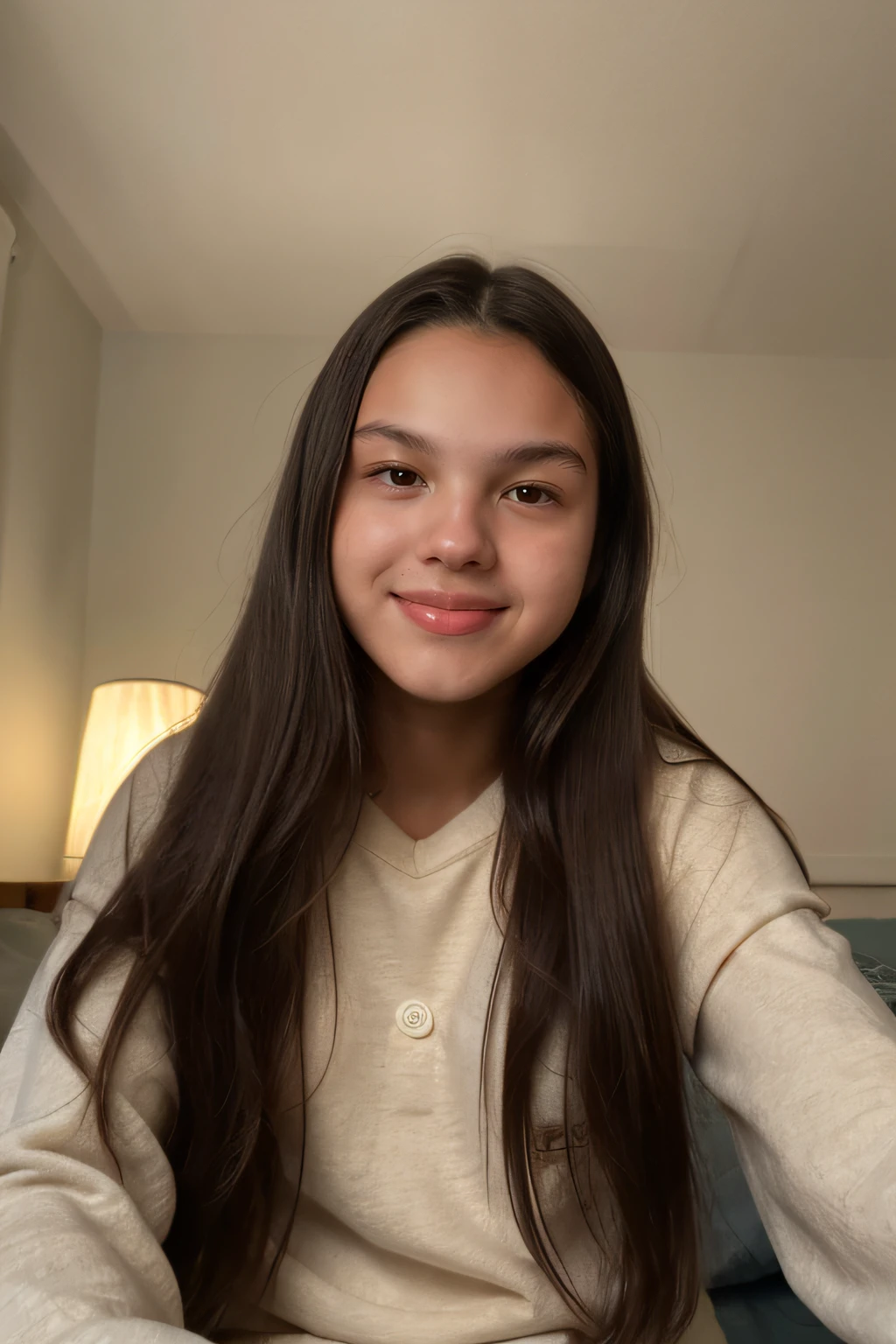 Grainy low quality camera, snapshot, closeup selfie of yo Olivia Rodrigo with (acne) dressed in pyjamas with only face appearing, sitting in the dark bedroom, smiling:1.0, night, extremely detailed skin, skin acne, extremely detailed eyes and hair, film grain