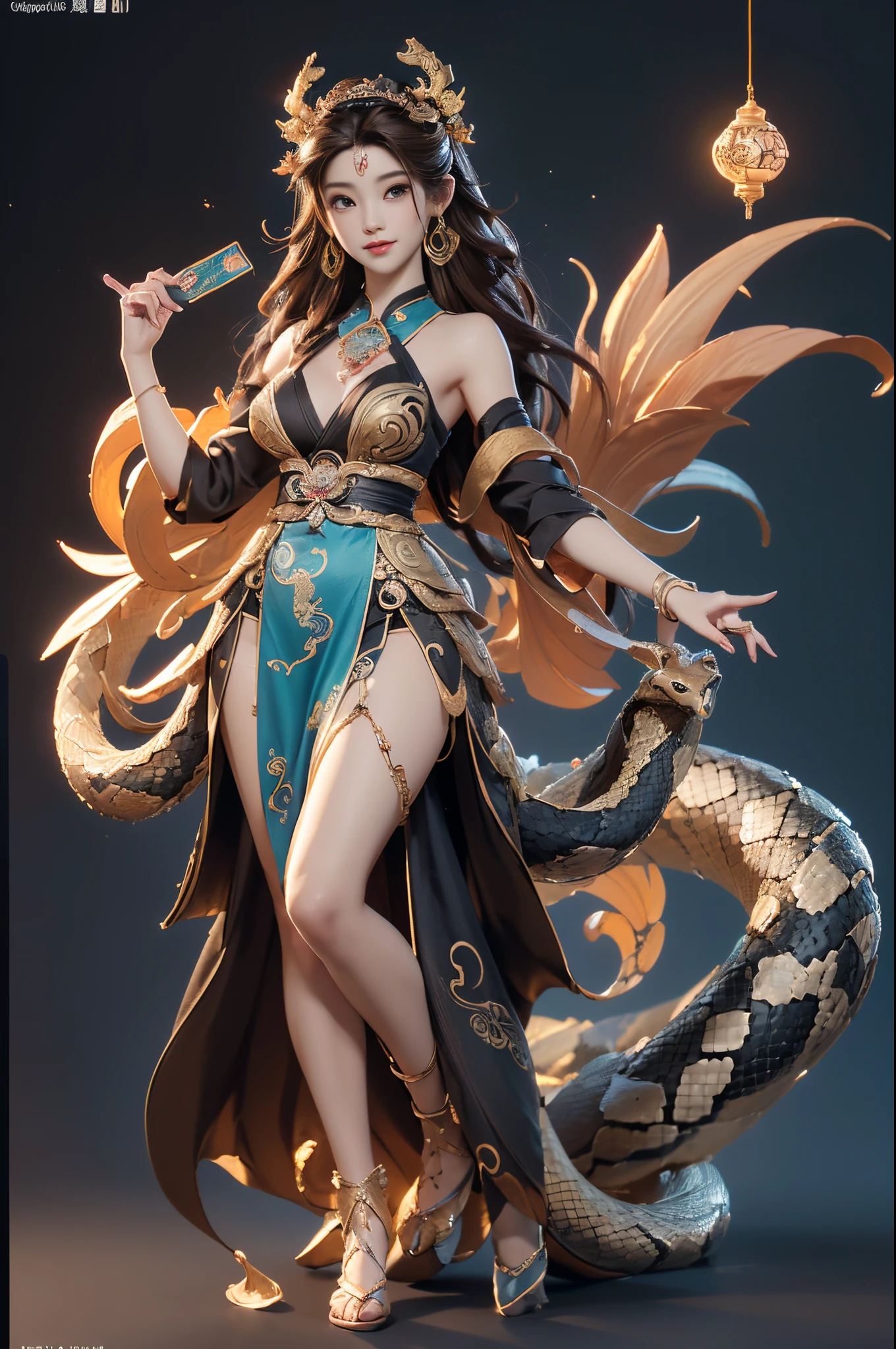 ((Sculpture design)),((full body portrait of person)),((undying)),((tmasterpiece)),(entire body image:1.6,fully body photo:1.6,From the feet to the top of the head:1.6),【Create a LOGO based on:1female,Nu wa(Human snake tail goddess:1.6),(Use snake tail instead of legs:1.6),(Chinese mythology),(Goddess Fan),(gentleness),(motherly),(mature),(Perfect woman),(Brown hair long:1.4),big earrings,graceful stance,Dunhuang clothes,Dunhuang skirt,((intricate headpiece)),((symbol of god)),Great Wilderness East Meridian:0.4】,((Fluttering skirts)),(Computer graphic arts:1.4), (s fractal art: 1.3),(( Best quality,32K,Highest resolution,hyper HD,)), (( Professional Quality,Perfect photography, Ray traching, perfect volumetric lighting, High quality octane rendering, High quality vectors)), ((Complicated details,hyper-detailing:1.2,Complicated details:1.2)), ((ultra real photo,フォトリアリスティック,3 Rendering)),((epic image)),(Blind box toy style:1.6),((simple backgound,Deep dark background:1.2,with black background)),Detailed faces, 詳細な目,Clean the skin,(correct hand:1.6),(Complete and beautiful five fingers:1.6),(Anatomically correct head-to-body proportions:1.5),(Anatomically correct perspective and occlusion:1.5),(Correct anatomy:1.5),(Add a base:1.6),(complex base:1.6),((rock base:1.4)),((Less skin exposure)),((The role is centered)),((wide angles)),
