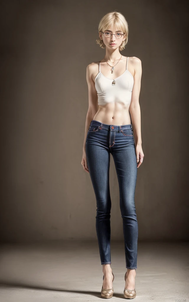 full body, backlighting, pale girl,very long legs, very pale skin full of freckles, very bulging eyes, very big round glasses, ginger hair, braless, nobra,very very very thin legs and very very very thin arms,backlighting, very thin face, bulging eyes, pale white skin, very freckled, very thin, very very large puffy ears, big long nose,flat stomach, very thin and very long legs with thick-soled Tokyo-style boots,LOW RISE JEANS, dynamic pose, dancing