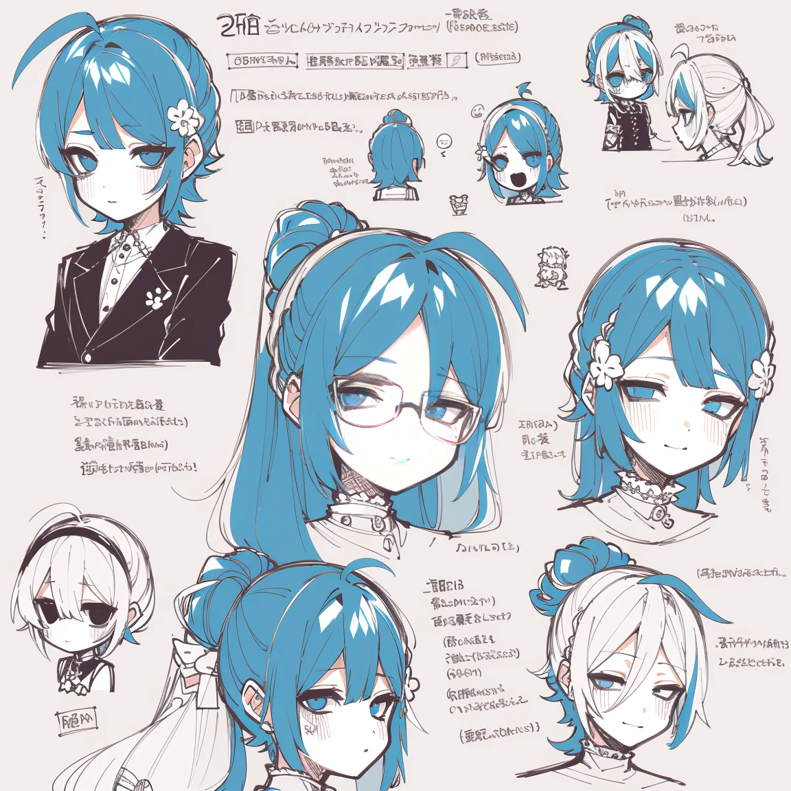 2 d anime style, anime moe art style, Jazz & Sublime, cute art style, Anime-style illustration, anime girl, Author: Kamagurka, in Pixiv, pixiv style, pixiv, in anime style, anime art style, Full Body Commission, 1girl, ctcas, Cowboy shot, Character Reference Sheet, The same character, full bodyesbian, Full of Details, multiple poss and expressions, (Character Sheet:1.2),full - body