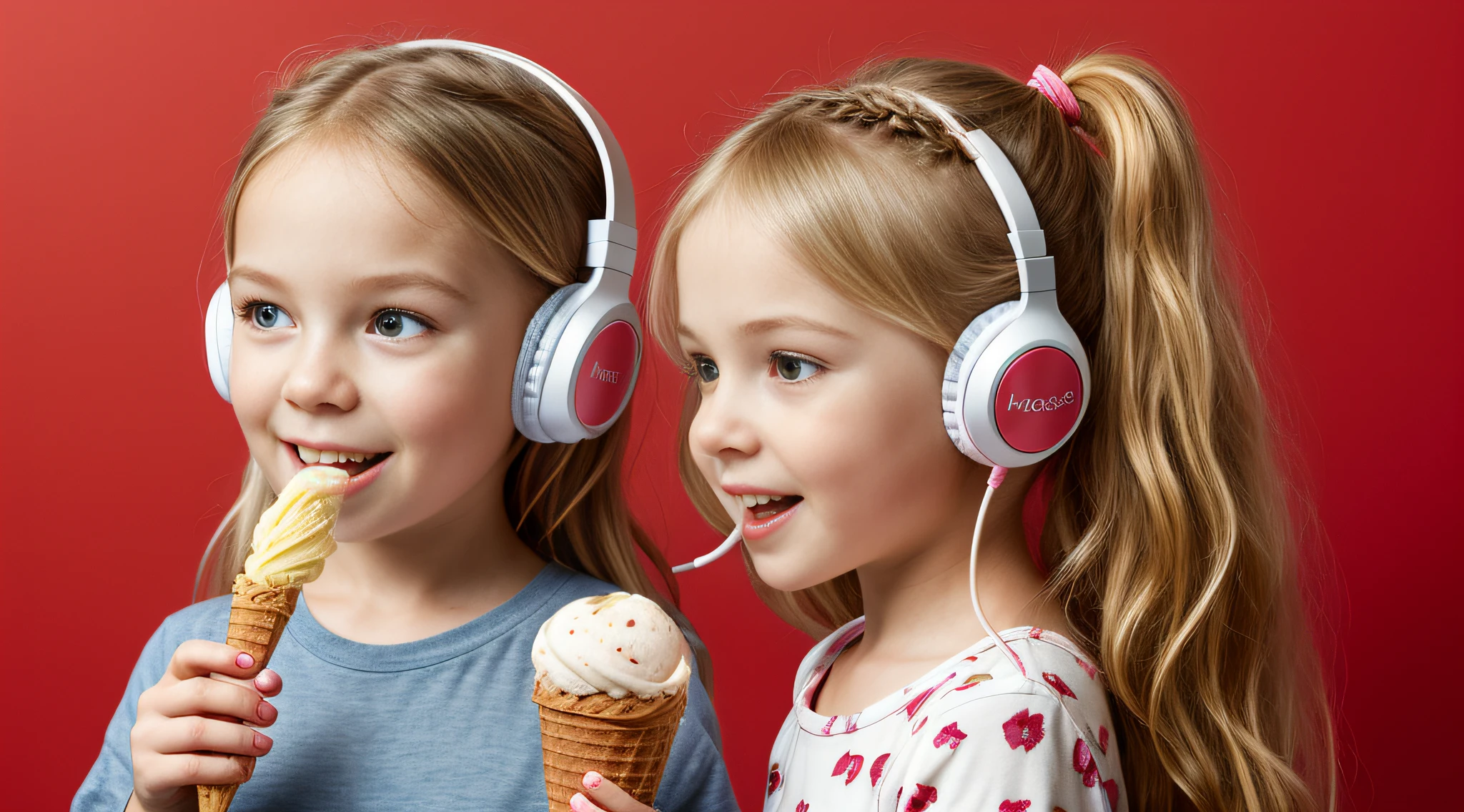 gelado , CHILD GIRL BLONDE LONG HAIR, Headphone, fundo vermelho,