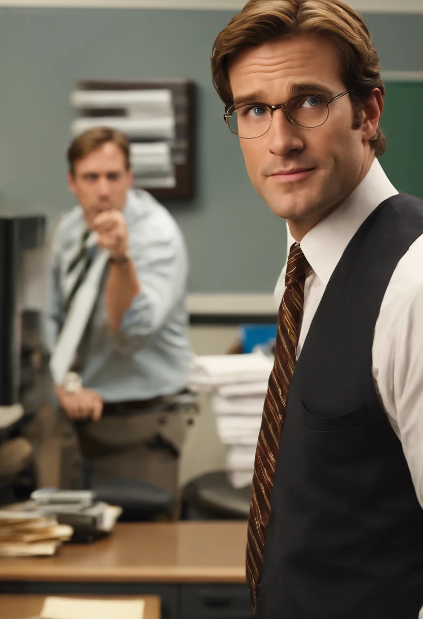 A photo of Jim balancing a stack of pretzel rods on his nose, with Dwight looking unamused in the background,The Office (U.S. TV series),Jim Halpert, a fictional character from the U.S. television series “The Office,” is portrayed as a tall, lean figure with a boyish charm, often seen in standard office attire: a simple button-up shirt and tie. His hair is typically styled in a casual, slightly unkempt fashion, complementing his laid-back and approachable demeanor., male