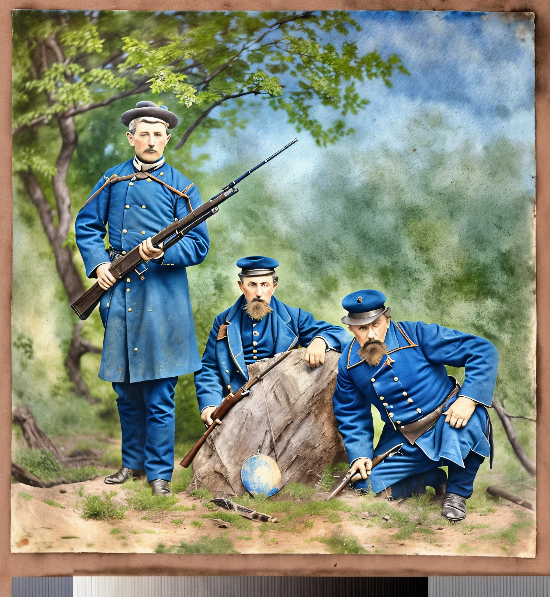 painting of three men in blue uniforms posing with a rifle, colorized photograph, colorized photo, hand - tinted, a colorized photo, 1 8 6 0 s, full color photograph, j.dickenson, j. dickenson, old color photograph, colorized, colorized background, 1863, mann, added detail, [ digital art