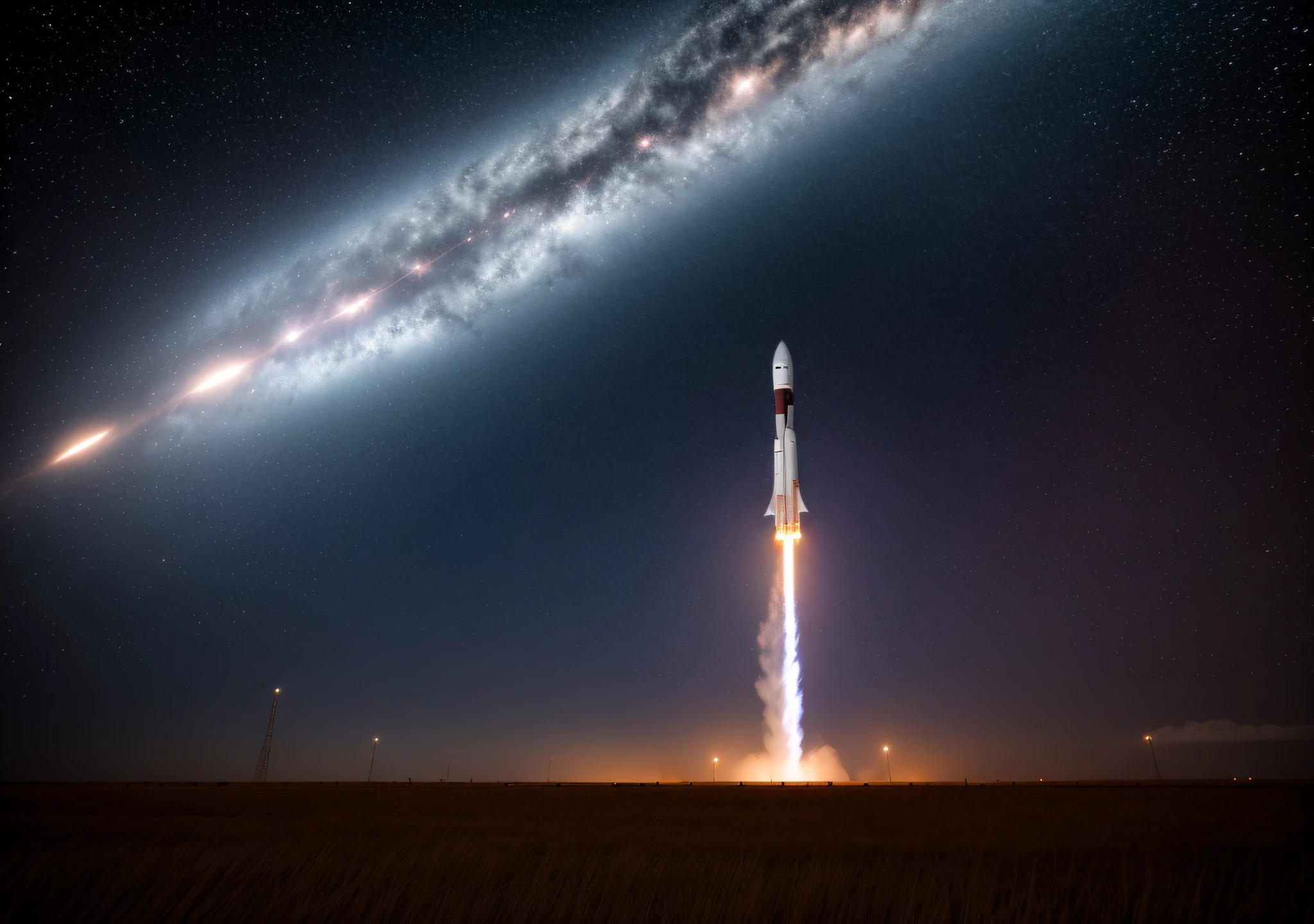 (ultra-realistic,highres,4k,masterpiece:1.5),rocket flying in space through stars,spacecraft's shiny metal body,glowing rocket engines,flames bursting out from the engines,sparkling stars filling the dark cosmic background,detailed planetary system floating in the distance,space dust creating a dreamy atmosphere,smooth and flawless lines of the rocket's construction,astronauts floating weightlessly in their spacesuits,reflection of the stars on the rocket's surface,vibrant colors illuminating the scene,sparkling star trails left behind by the rocket's swift movements,perfectly captured sense of speed and power,immersive lighting casting dramatic shadows,celestial beauty surrounding the rocket's path,moonlight bathing the scene with a soft glow,cosmic energy pulsating from the rocket's core,crisp and clear details showcasing every aspect of the rocket's design and structure,awe-inspiring sense of vastness and exploration,futuristic technology powering the spacecraft,fluid and dynamic composition capturing the rocket's motion,exquisite attention to the rocket's fine craftsmanship,ever-changing celestial backdrop enhancing the visual impact of the scene.