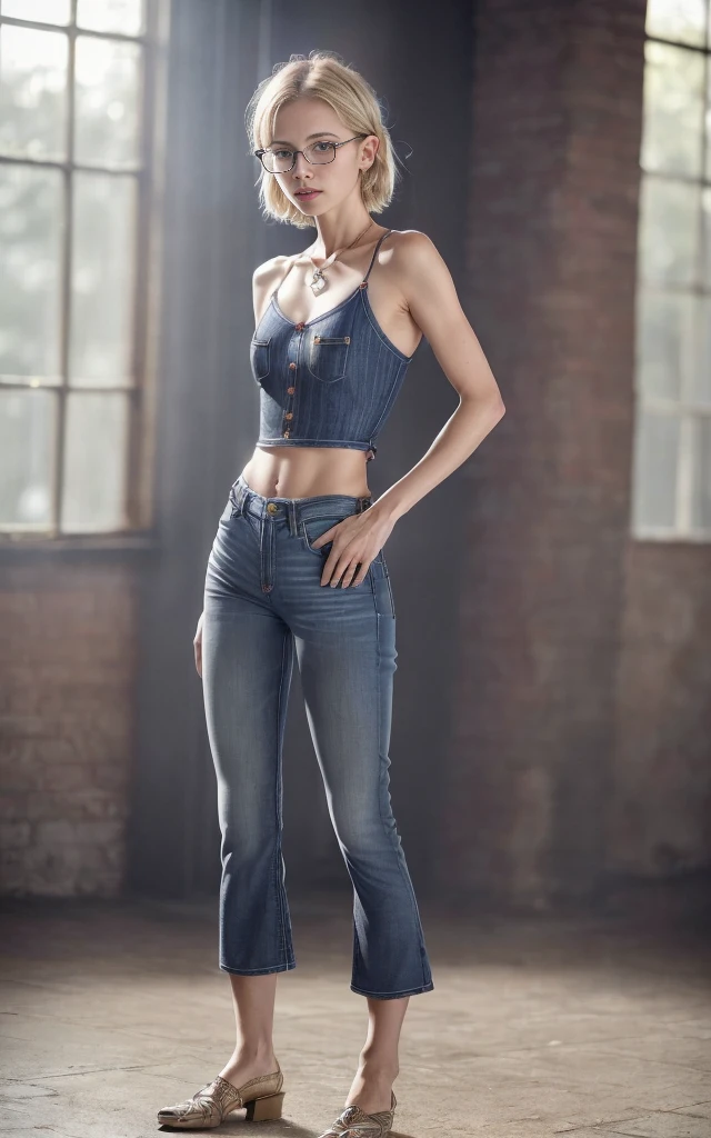 Maryams, best quality,(beauty),masterpiece, 1 Girl,Ultra-high resolution,Willow Waist, Skinny,big eyes,Long legs,(Small Breasts),Puffy eyes, night,(rainy city), shiny skin, For the audience, Relaxed posture, A determined expression, Red suspender t-shirt, Skinny blue jeans