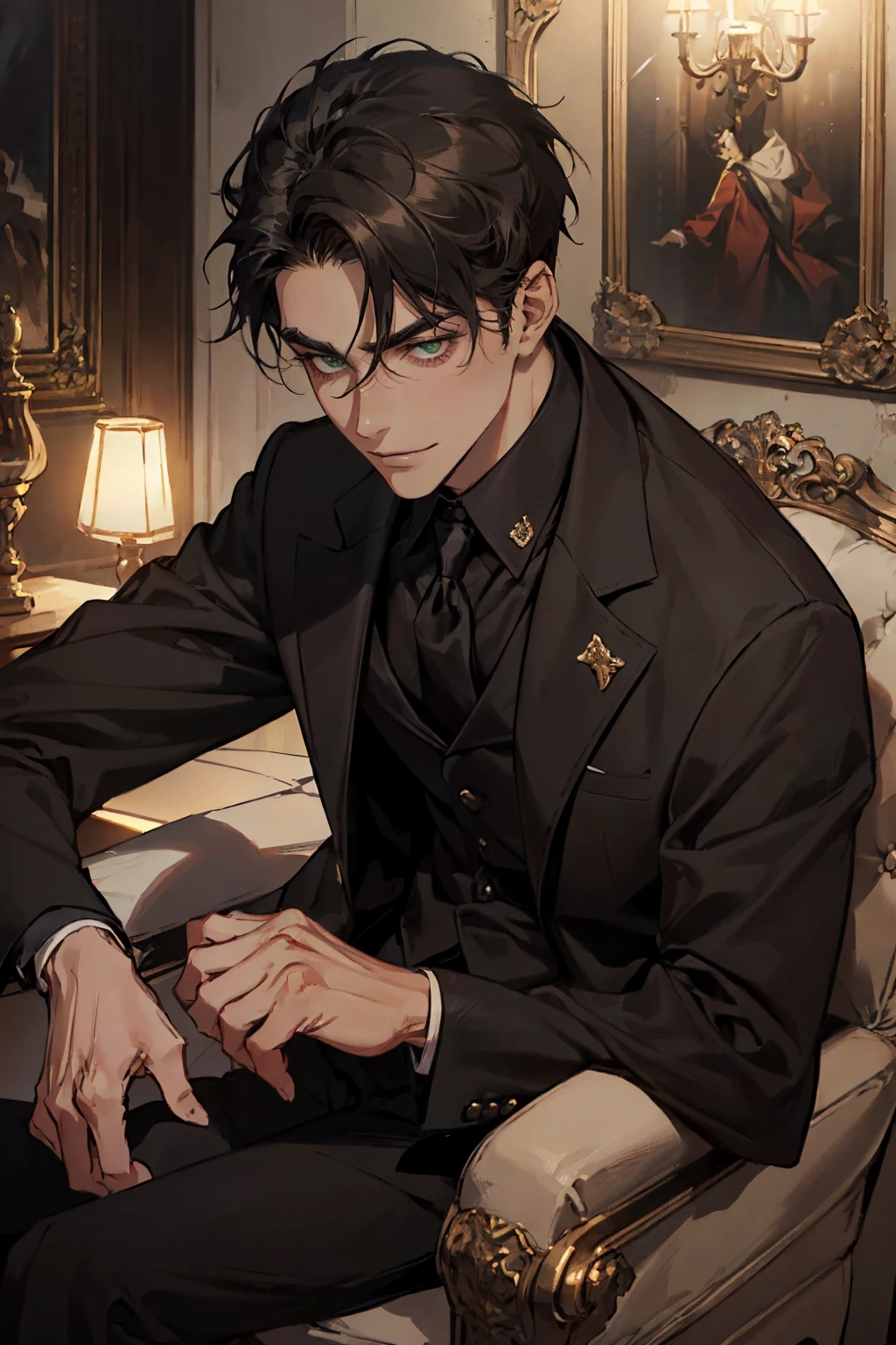 ((One young man with a black suit and tie)), alejandro, (((one side swept dark short neat hair))), ( green eyes and thick eyebrows), ((20 years old)), ((masterpiece)), ((cinematic lighting)), relax look and smirk, waiting for someone