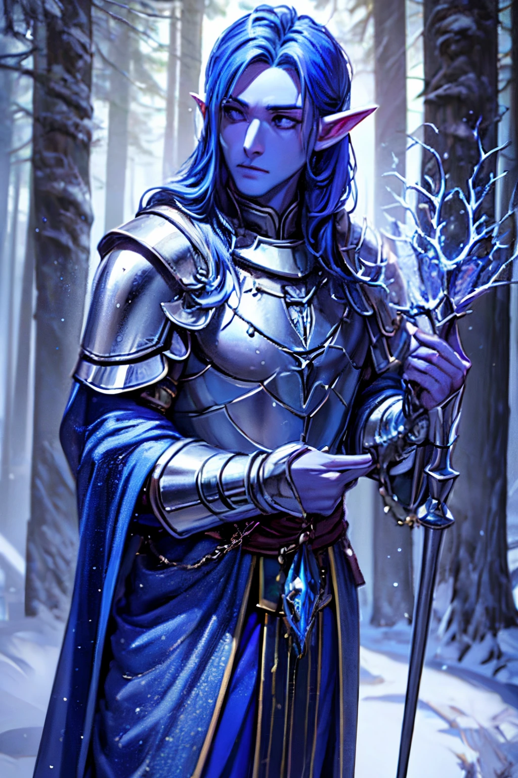 (best quality,4k,8k,highres,masterpiece:1.2) ultra-detailed, male, elf, blue skin ,autumn, wizard, chain mail armour, enchanted staff, spellcasting, enchanted forest, snow