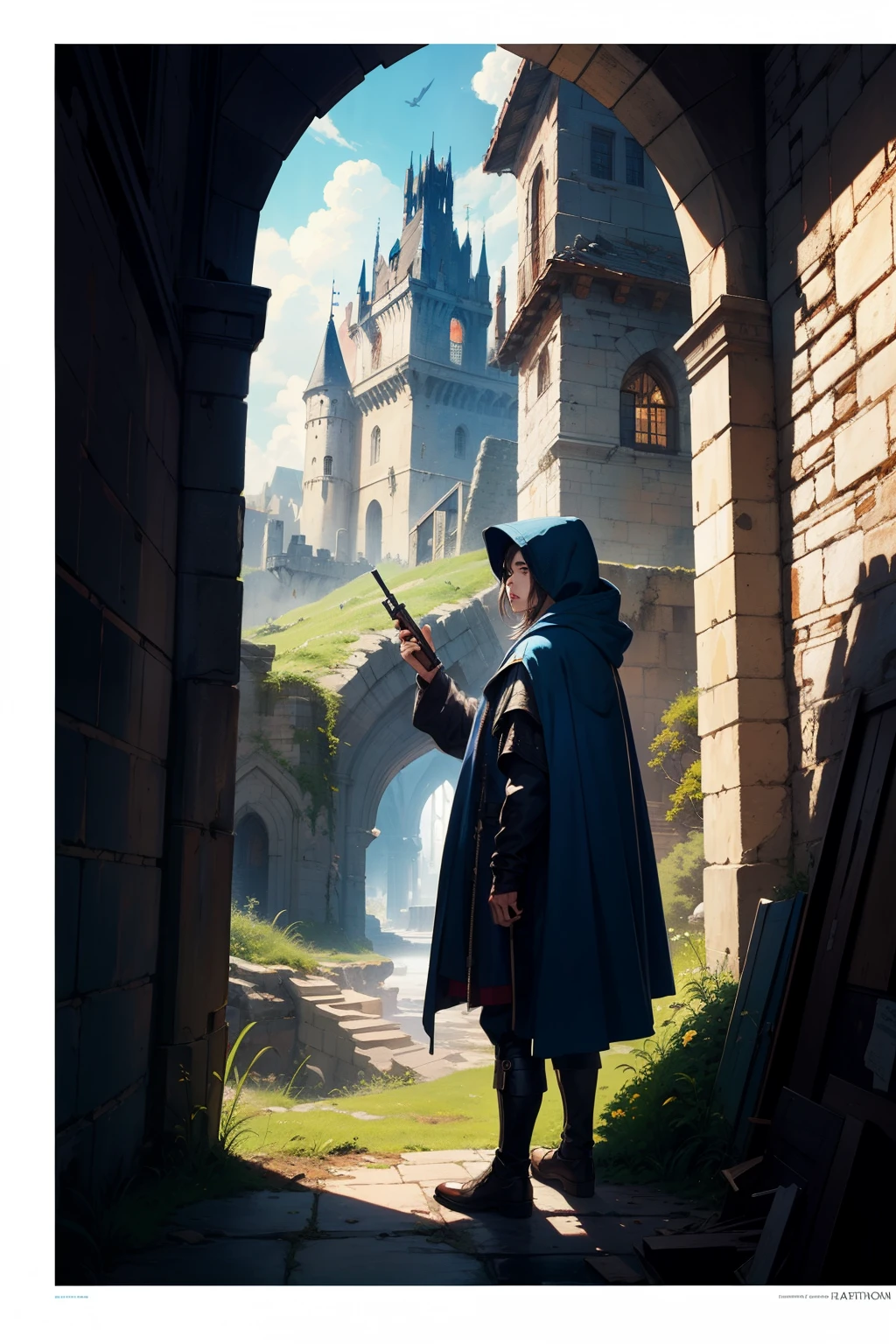 poster, cinematic, young mage, man, wearing blue hood, looking up, top down, destruction background, magical kingdom, medieval, ruined castles, dragons in the sky, inspired by Artgerm