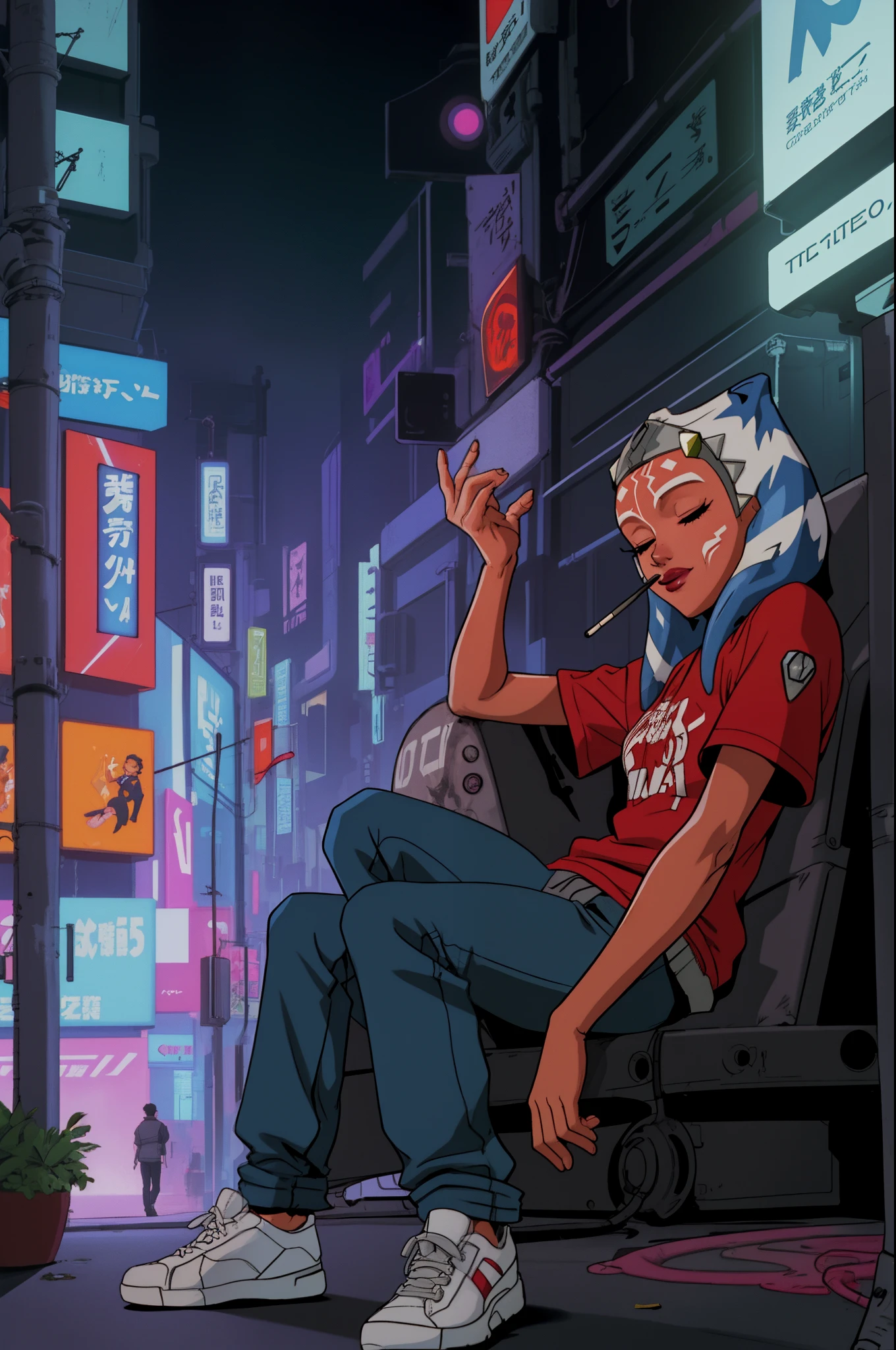 warm neon glow lights  citypop JDM scene with a underground tokyo  ahsoka_tano, orange skin, facial mark, tattoo stoned smoking cig biss blissful passed out in causal clothing casual recline in cyberpunk city lofi vibe  evangelion anime style