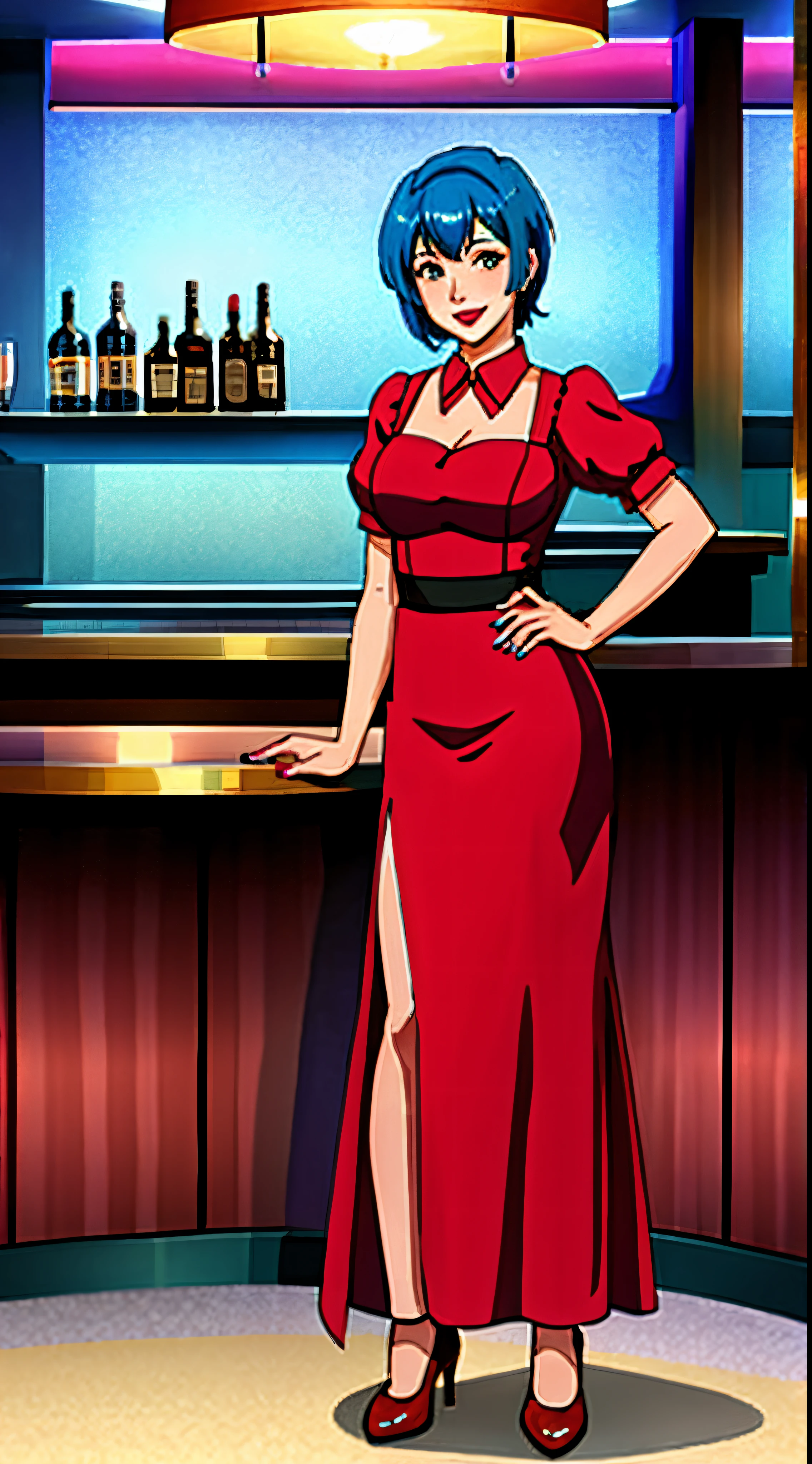 best quality, (master part), (ultra-detalhado), (alta qualidade), (Very high resolution), 1 girl, ((cabelos azuis)), Emily, batom, ((short hair)), ((sapatos de salto alto)), (perfect feets), ((atendente de lanchonete)), ((waitress)) Looking at the Viewer, ((bar counter)), ((salon counter)), nail polish, Seiza, sorrir , ((corpo inteiro)), (Standing), soio, dente, (Noite), ((vestido vermelho)), ((vestido longo)), camisa rosa.