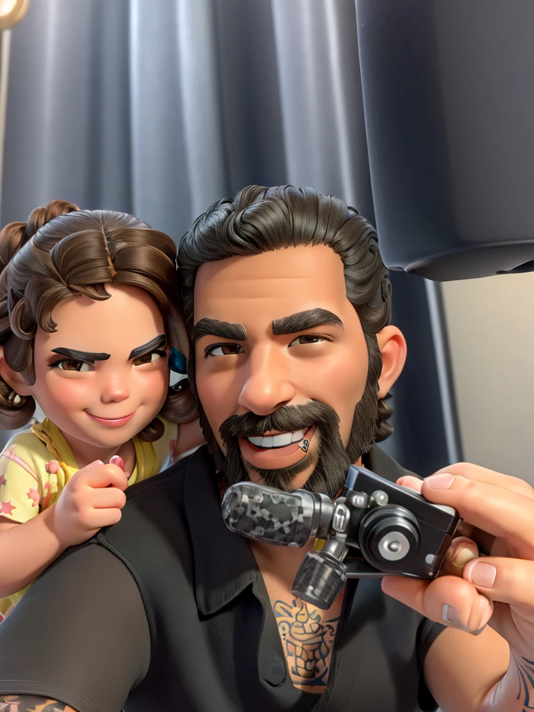 a tattoo artist with brown eyes and his daughter with curly hair and brown eyes smiling holding a disney pixar style tattoo machine 4k high image quality