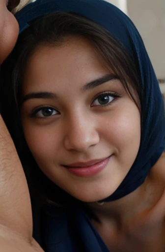 pale 18 year old Afghani girl smiling wearing a hijab with blue eyes brown hair showing her tits by lifting her hijab having sex with a 20 year old man