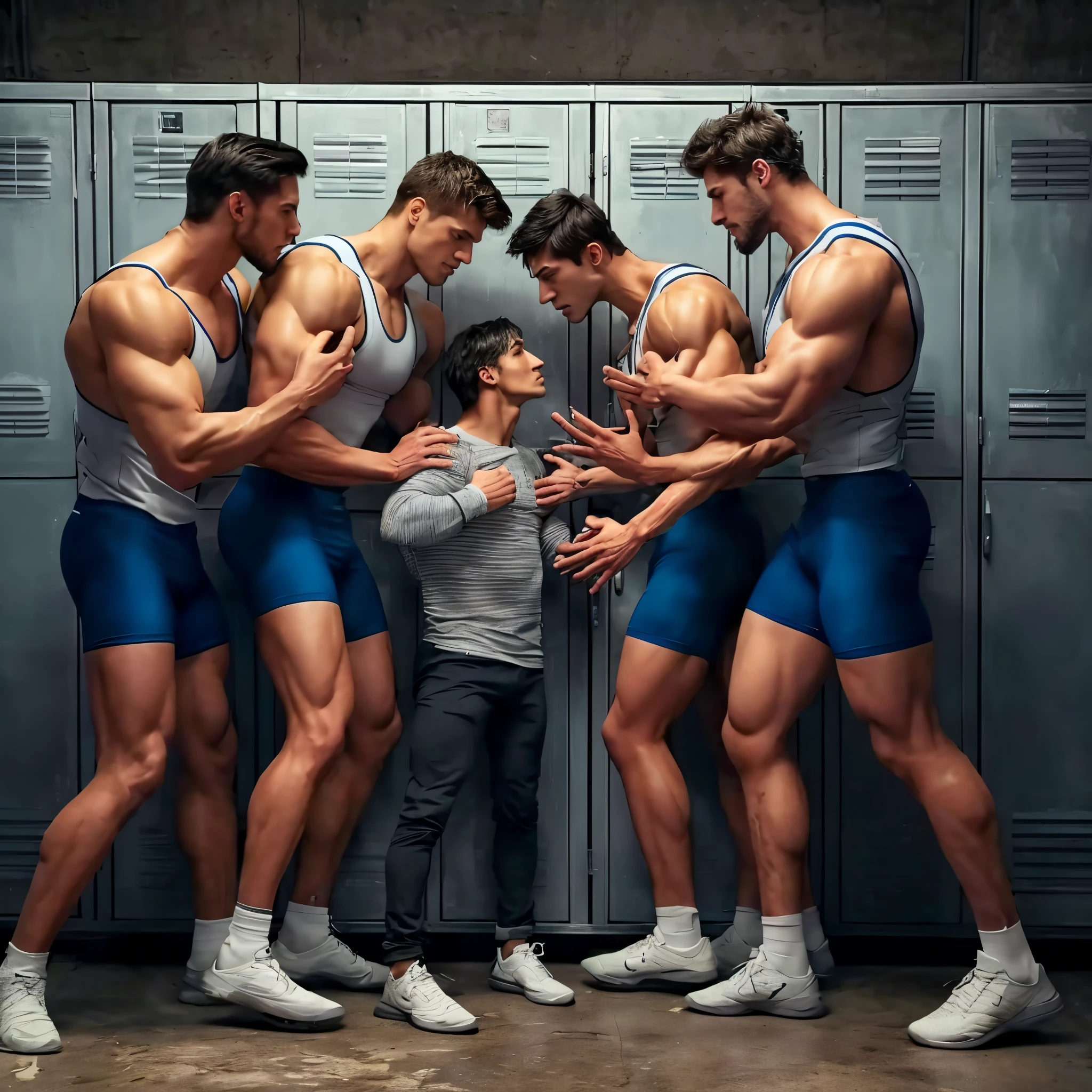 there are four very very tall very fit Swedish athletes in blue trunks standing in front of lockers, athletic tall handsome guys, muscular men entwined together against a very very short slim thin Spanish young man in jeans and grey shirt afraid of them, powerful photo, muscular men, muscular bodies, masculinity, homoerotic, tall handsome guys, posing and flexing,