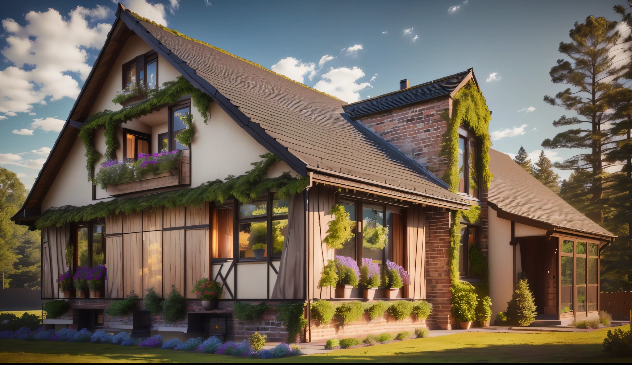 eine Darstellung eines Hauses mit Satteldach, hochgradig gerendert, 3/4 Ansicht realistisch, Architektonische Visualisierung, 3D-Rendering, gerendertes 3D-Modell, 3-D-Rendering, red Brickwall. Anbau aus traditional black standing seam roof, DSky cloudy. In front of the house there is a garden with flowers. Background an old forrest.